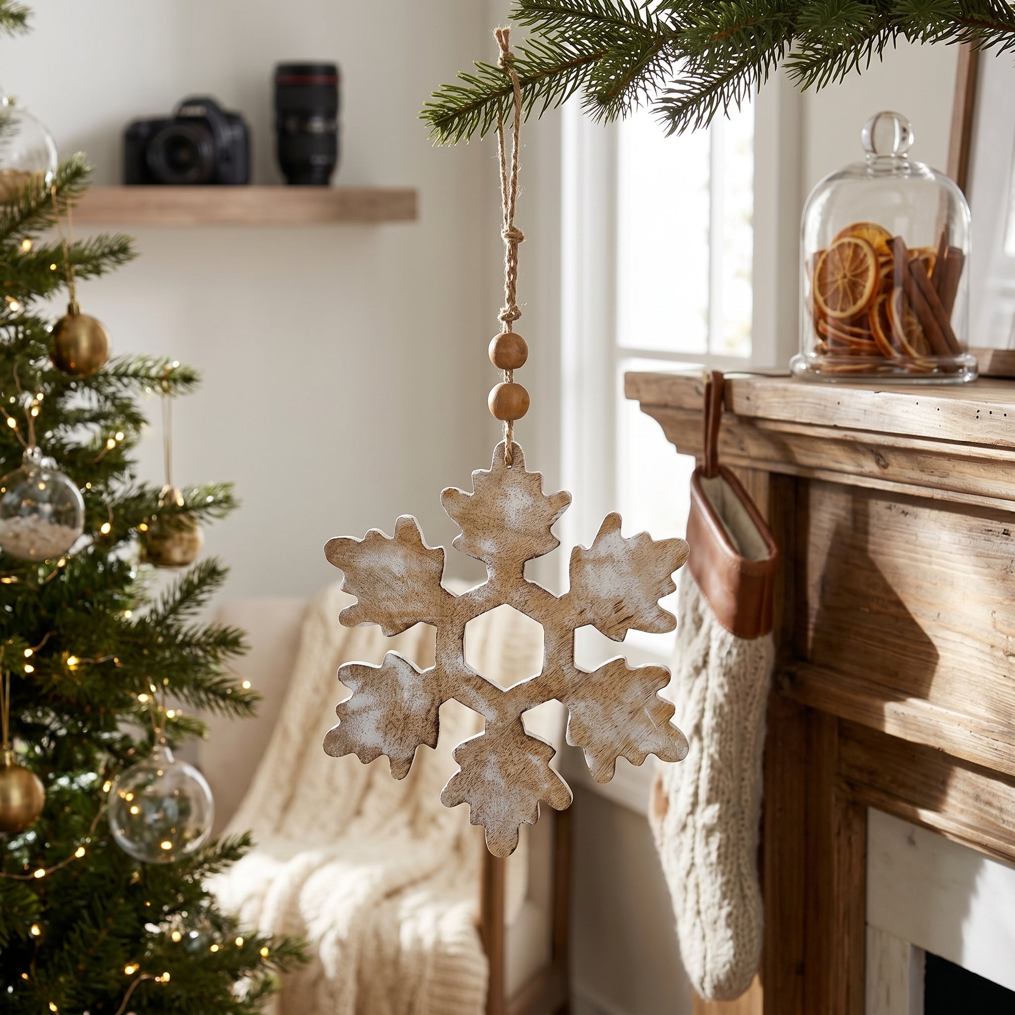 10" Mango Wood Hanging Snowflake Ornament - Natural