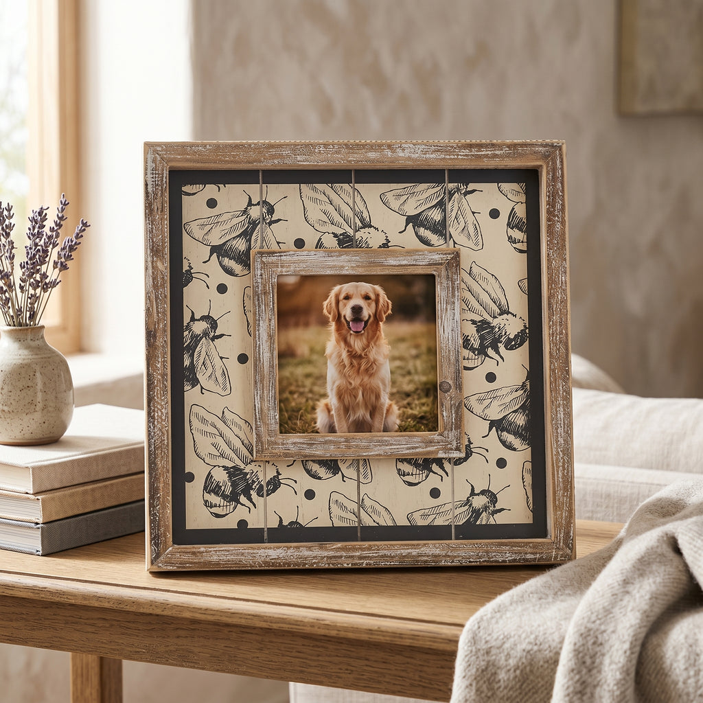 10" Wood Photo Frame - Bee | Gray and Tan | Holds 4x4 Photo