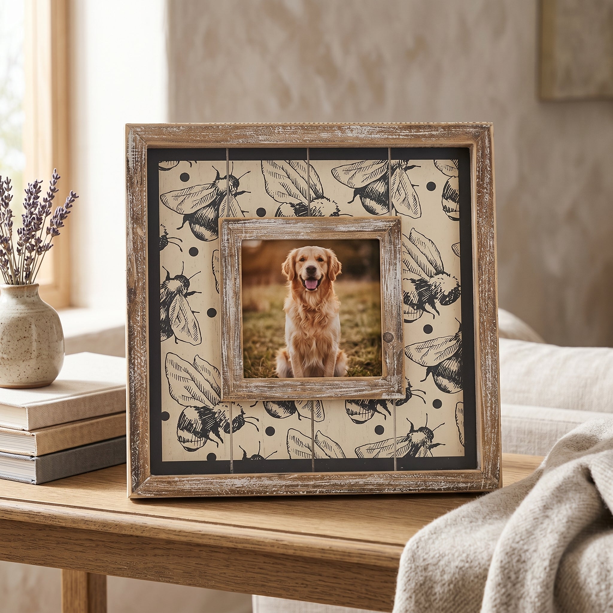 10" Wood Photo Frame - Bee | Gray and Tan | Holds 4x4 Photo