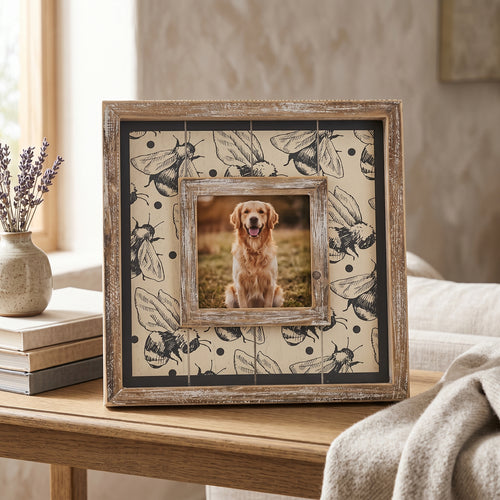 10" Wood Photo Frame - Bee | Gray and Tan | Holds 4x4 Photo