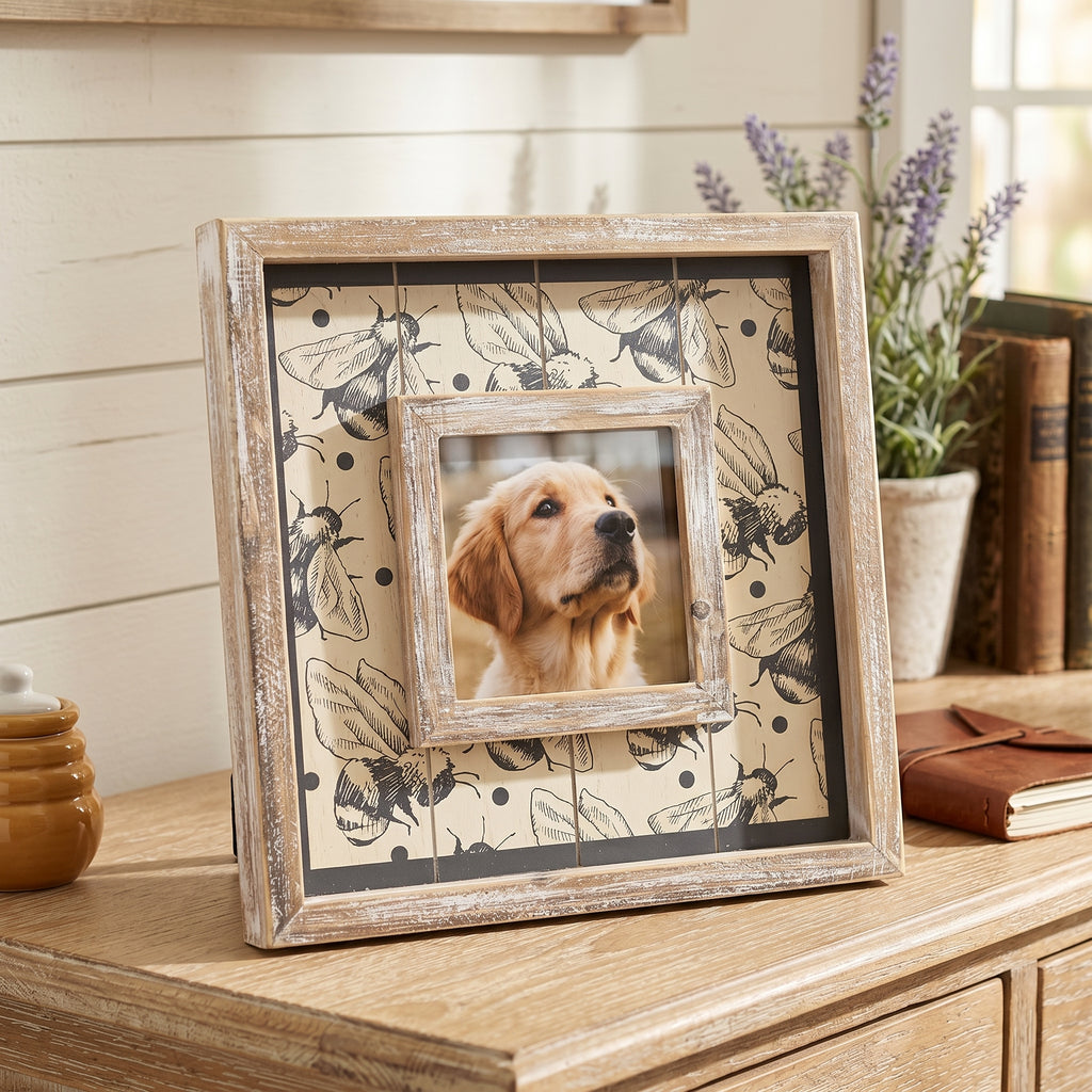 10" Wood Photo Frame - Bee | Gray and Tan | Holds 4x4 Photo