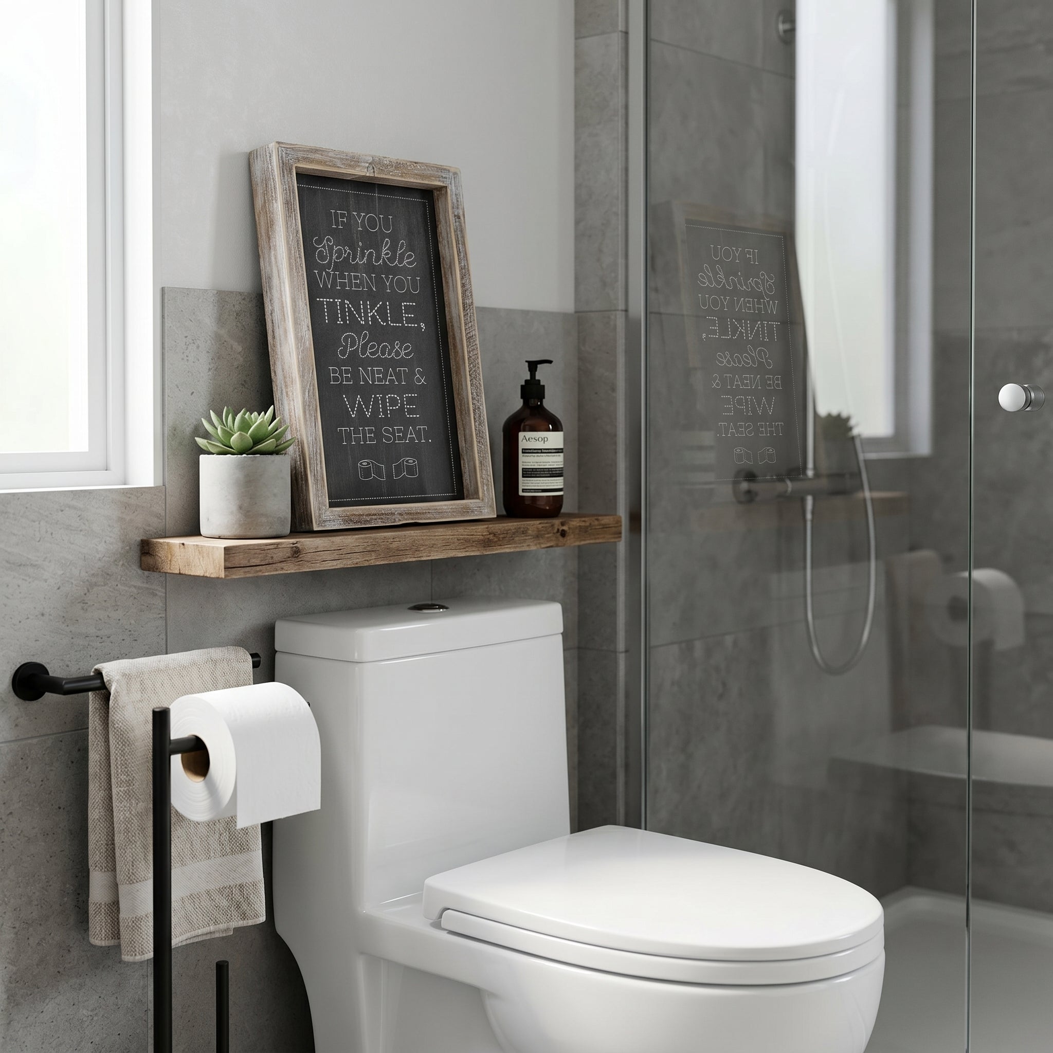 10" Reversible Wood Frame Sign - Tinkle/Aim | Washroom Collection