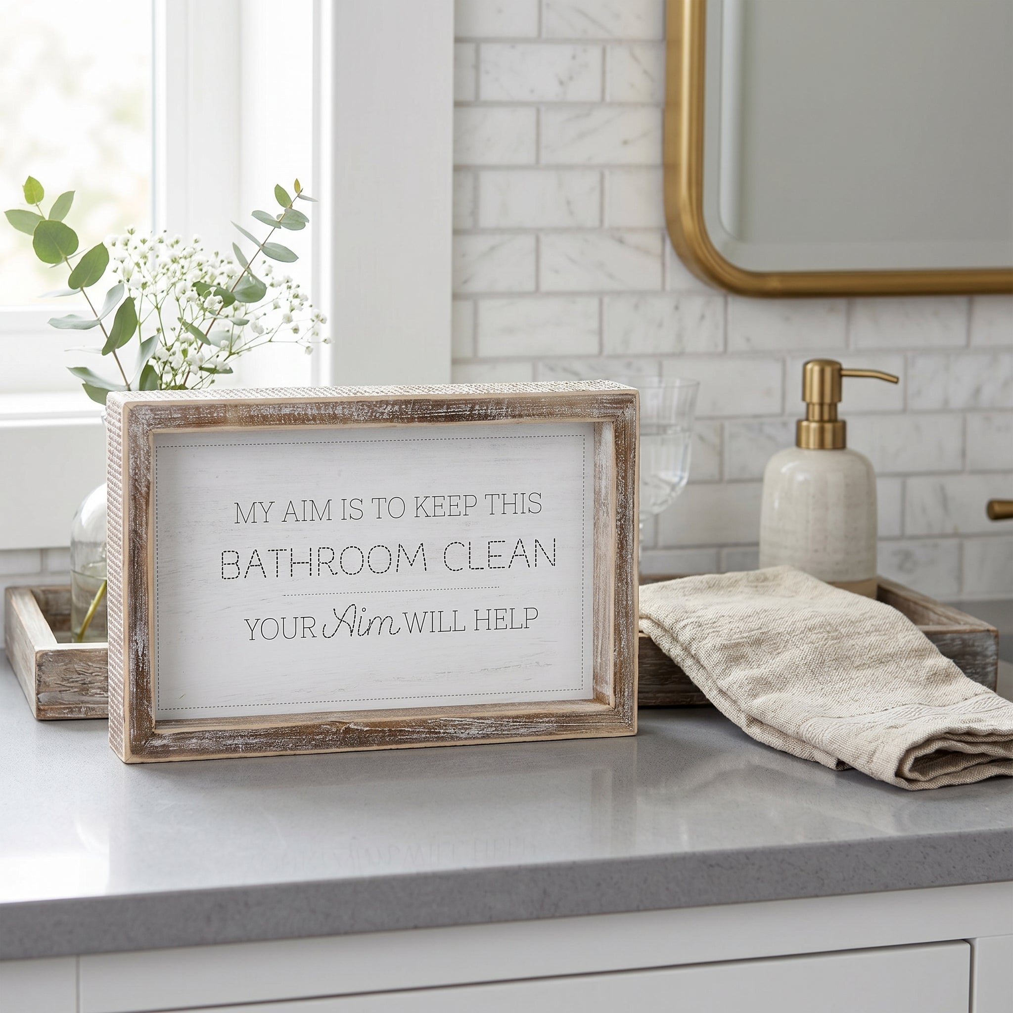 10" Reversible Wood Frame Sign - Tinkle/Aim | Washroom Collection