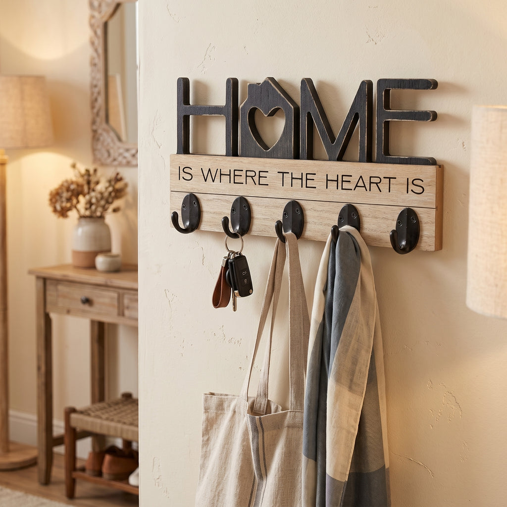 11" Wood Hook Board - Home Is Where The Heart Is | You and Me Collection