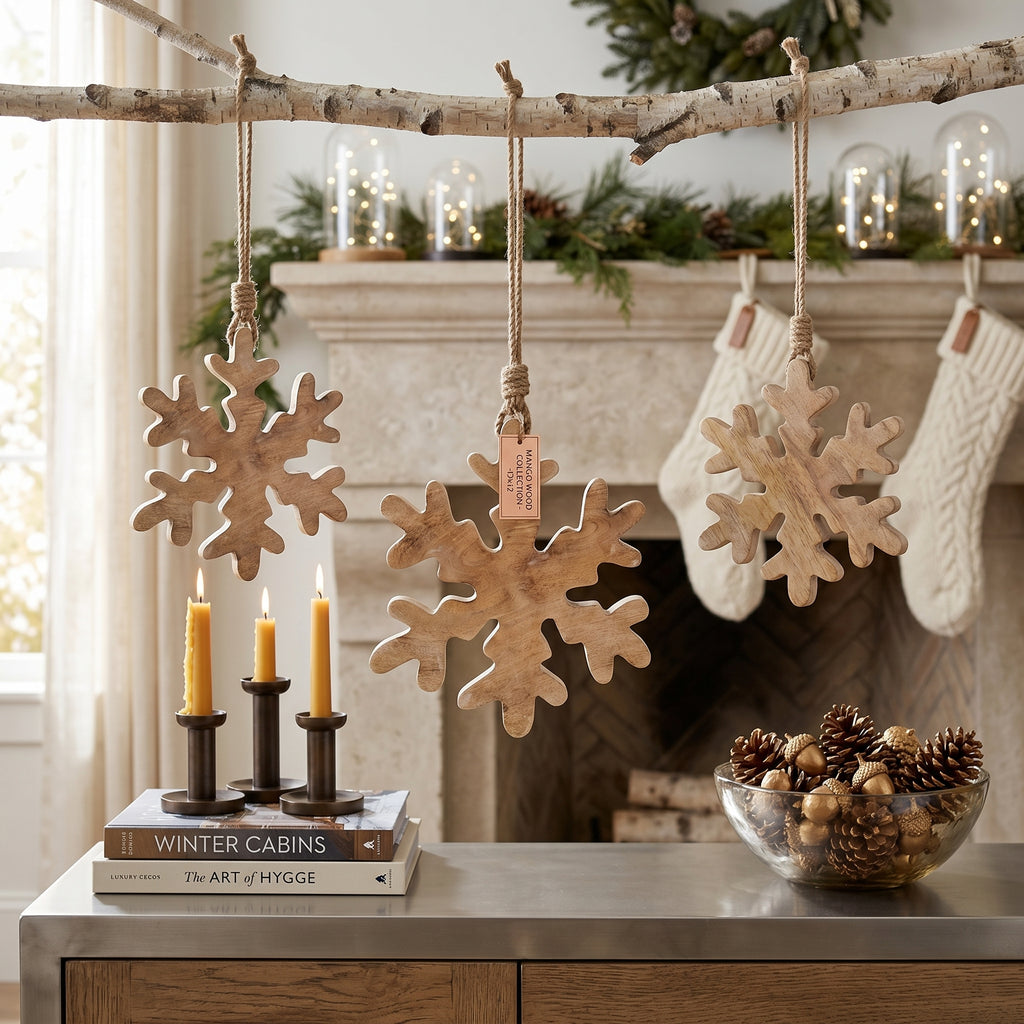 12" Mango Wood Ornament - Snowflake | Natural and White