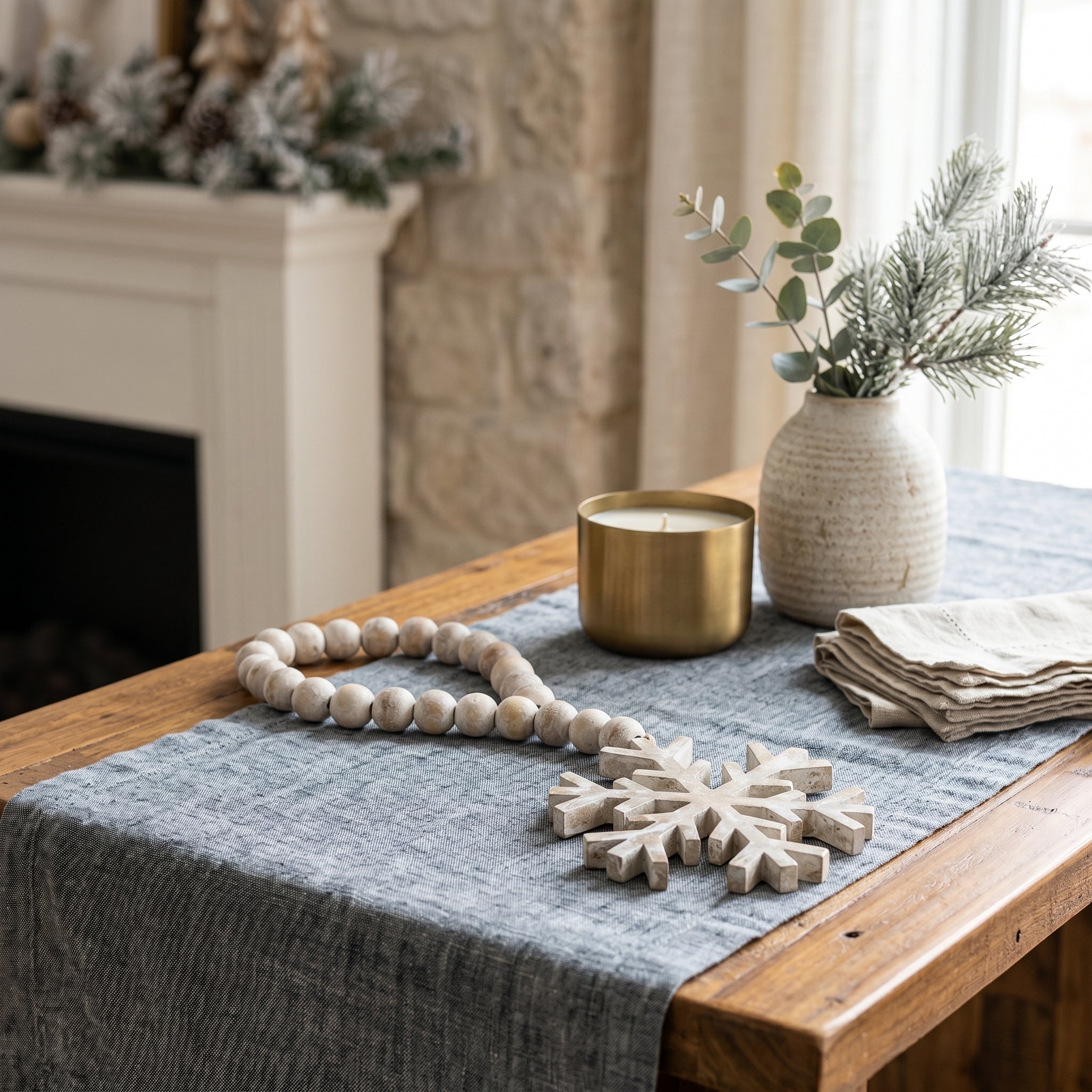 14" Mango Wood Bead Ornament - Snowflake | White Washed