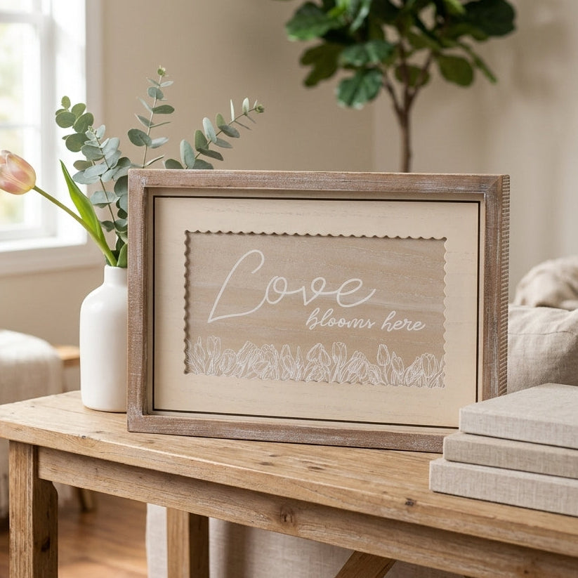 18" x 12" Reversible Wood Frame Sign - Love Blooms Here/Bless Our Home | Multicolor | Bunnies and Blooms Collection