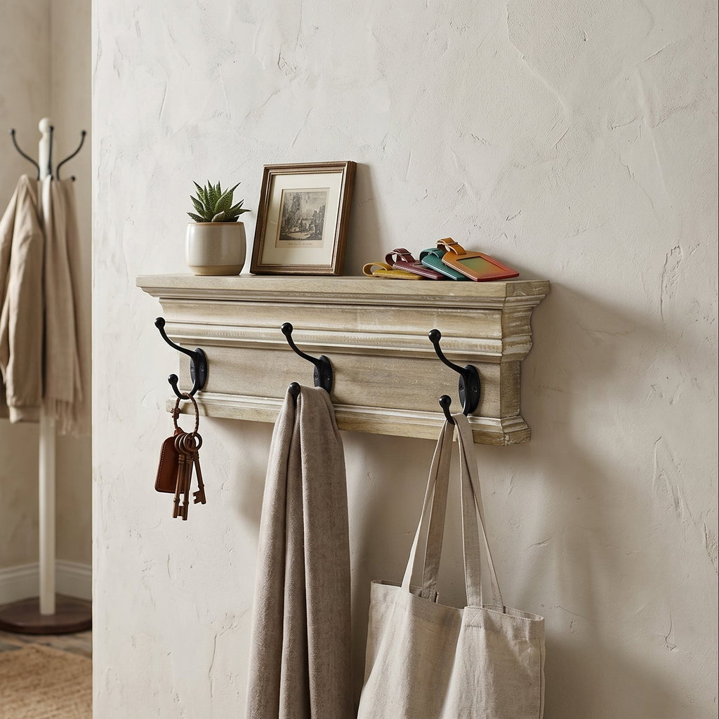 19" Mango Wood Shelf with 3 Hooks - Natural, Black and White