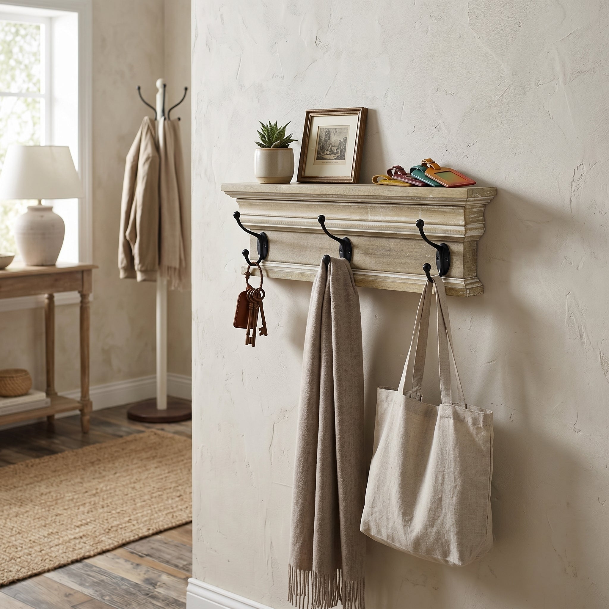 19" Mango Wood Shelf with 3 Hooks - Natural, Black and White
