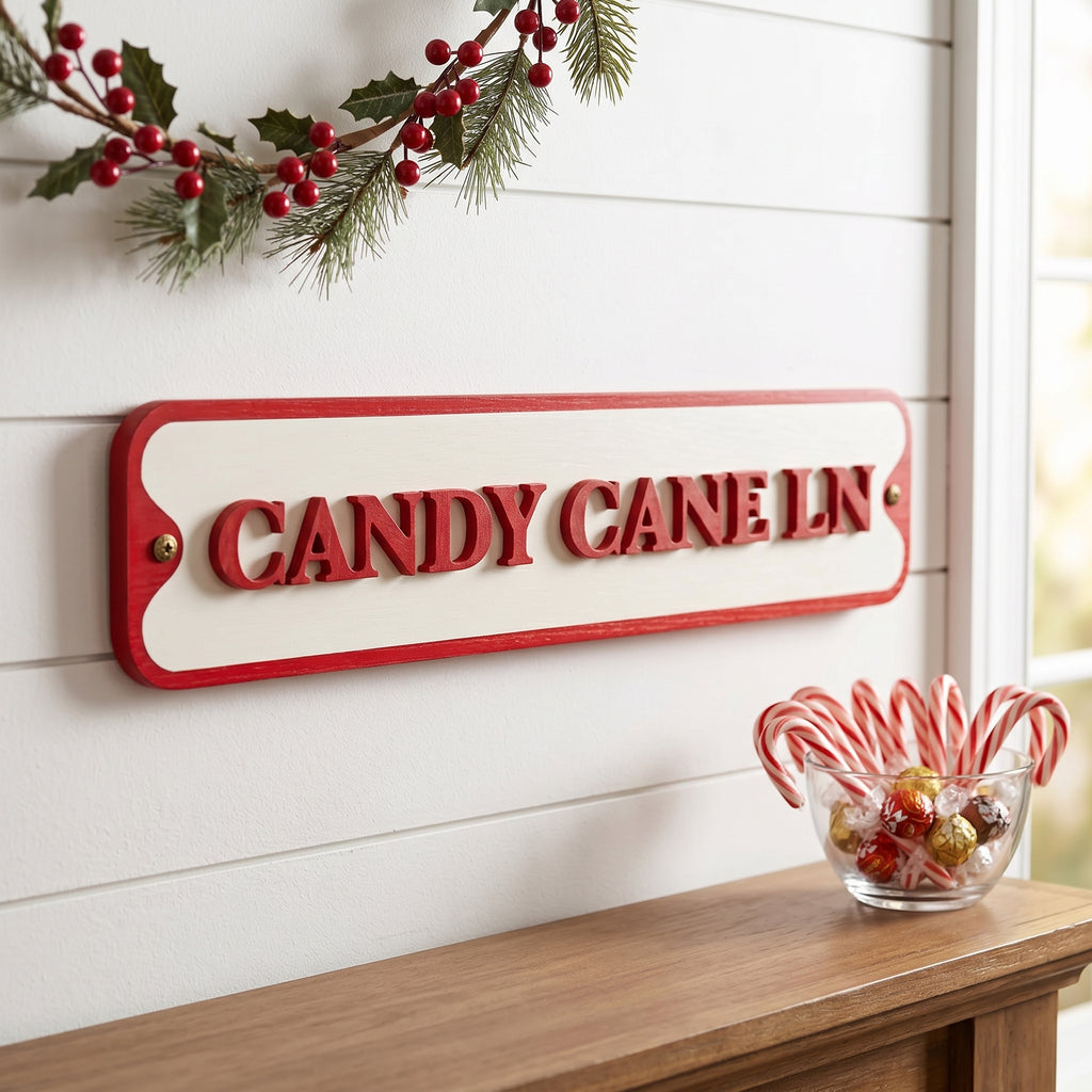 23" Wood Sign - Candy Cane Ln | Red and White