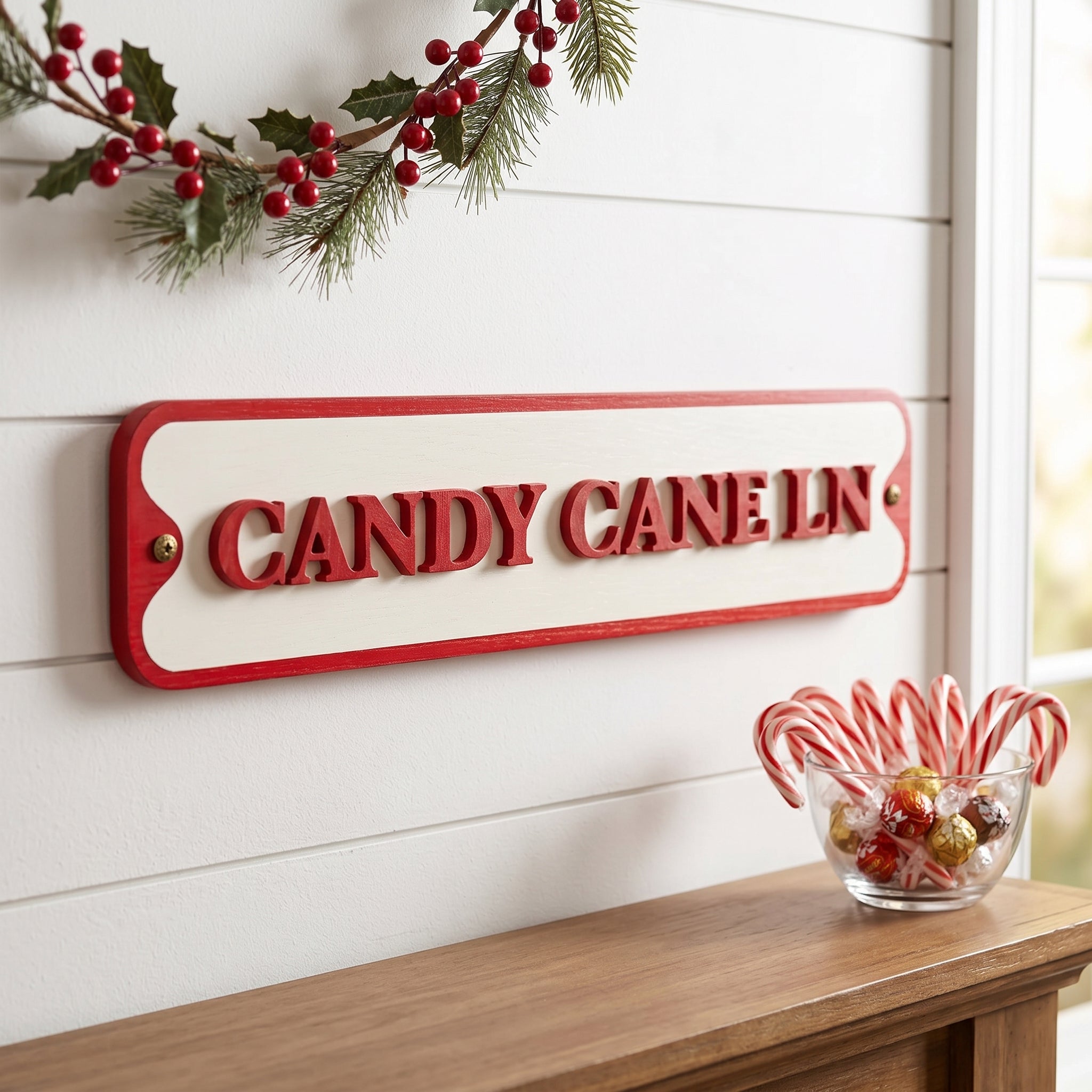 23" Wood Sign - Candy Cane Ln | Red and White