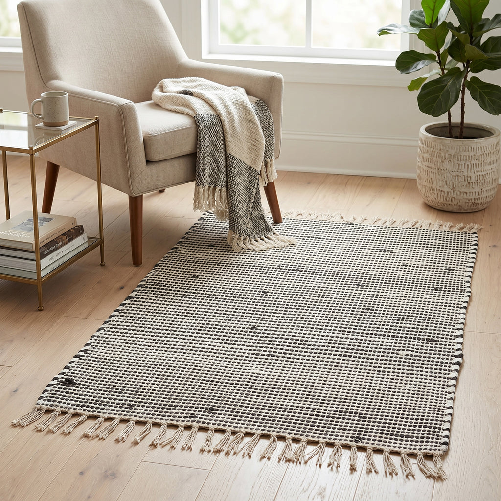 24" x 35" Handcrafted Jute Chindi Rug - Black and White