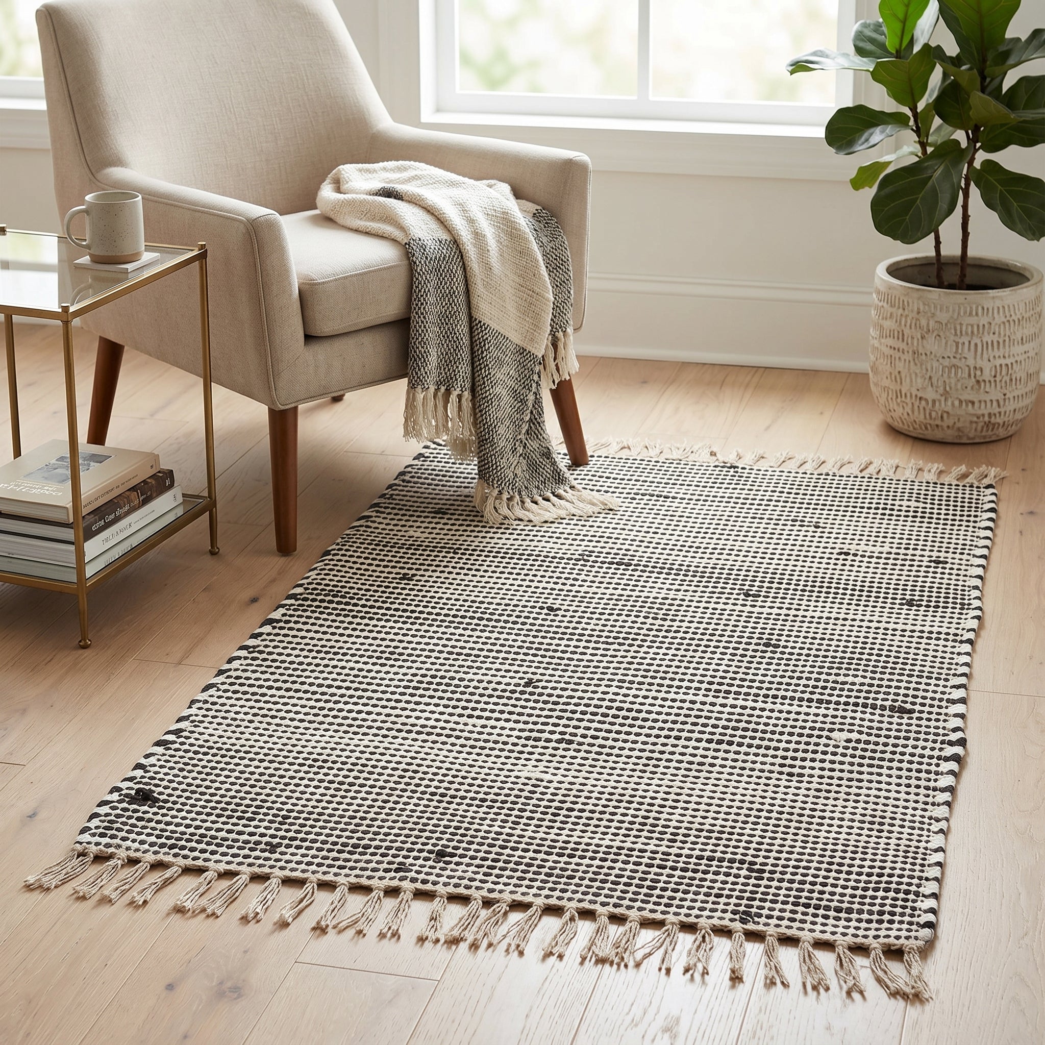 24" x 35" Handcrafted Jute Chindi Rug - Black and White