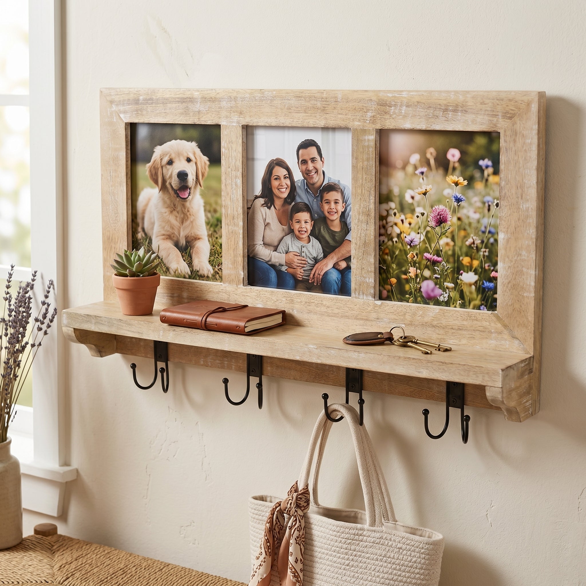 28" Mango Wood Photo Shelf with Four Hooks - Natural, Black and White | Holds 7x9 photos