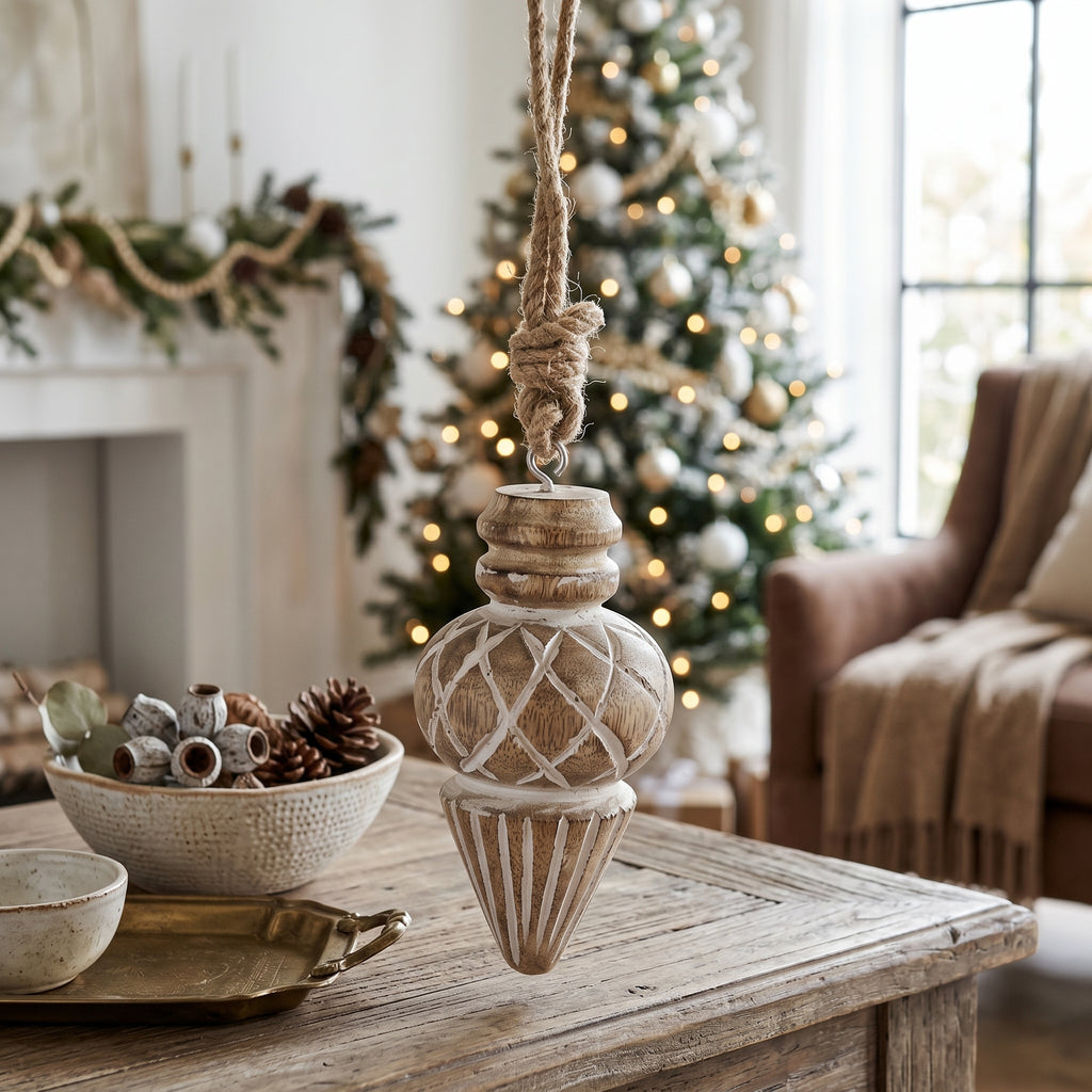 4" Mango Wood Ornament - Top | Natural White