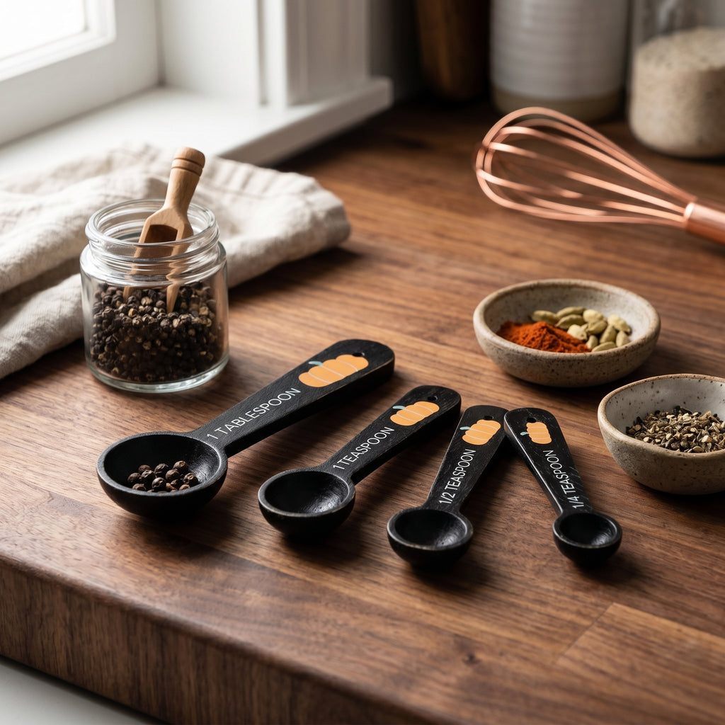 5" Decorative Wood Teaspoon Set - Black and Orange (Set of 4)