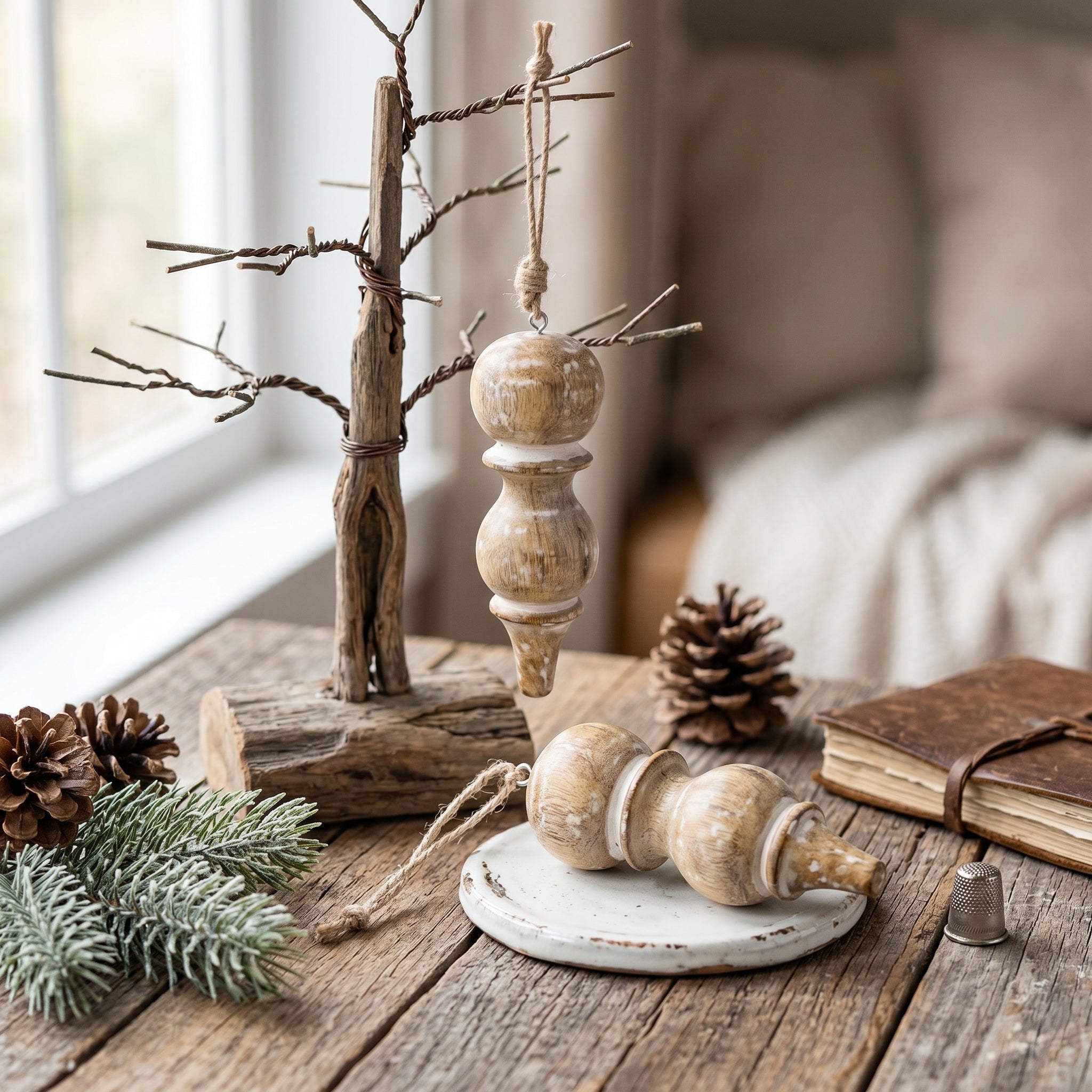 6" Mango Wood Icicle Ornament - Natural and White