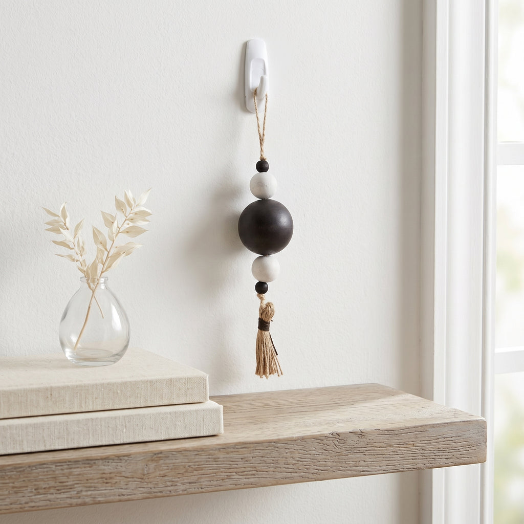 8" Wood Ornament with Tassel and Beads - Black and White