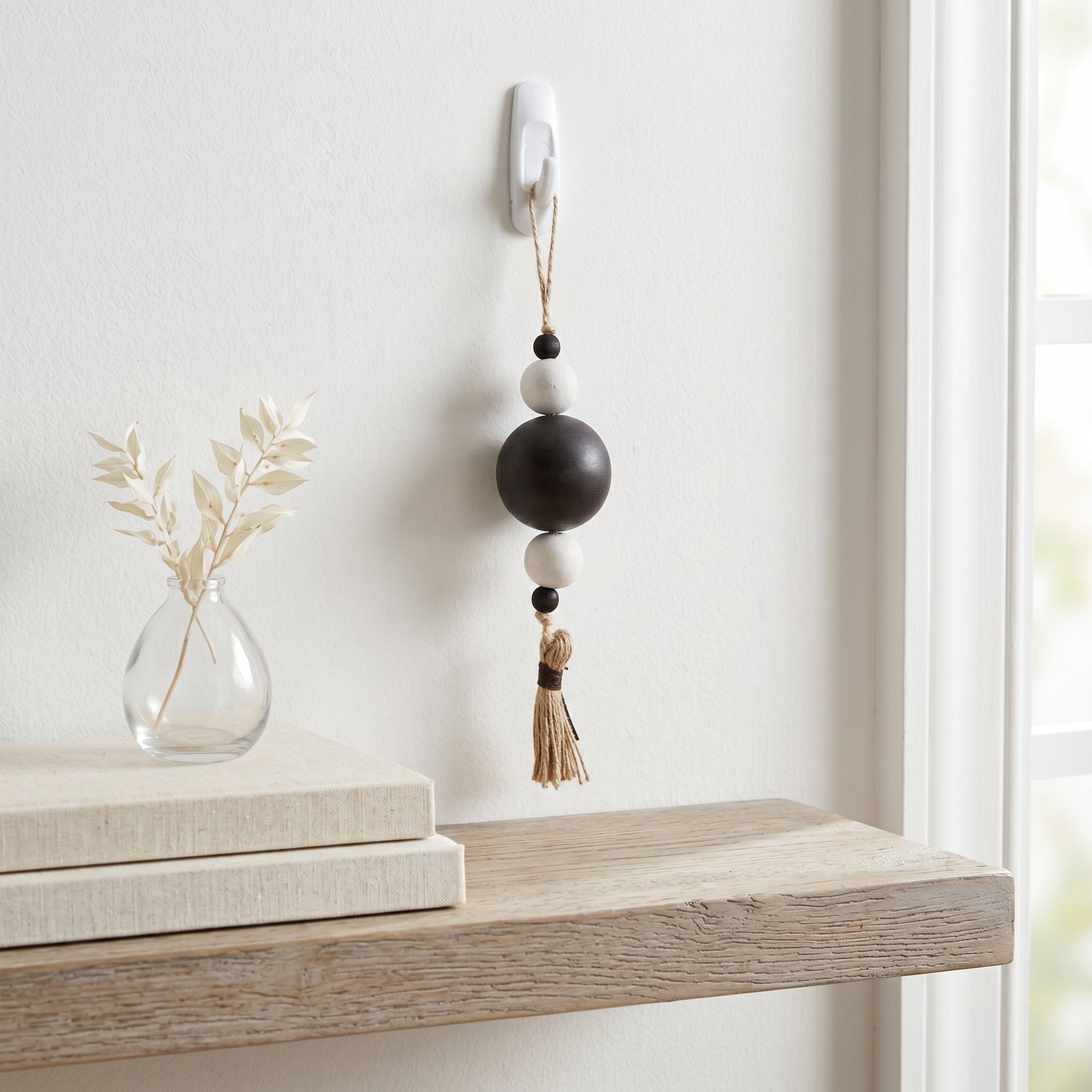 8" Wood Ornament with Tassel and Beads - Black and White