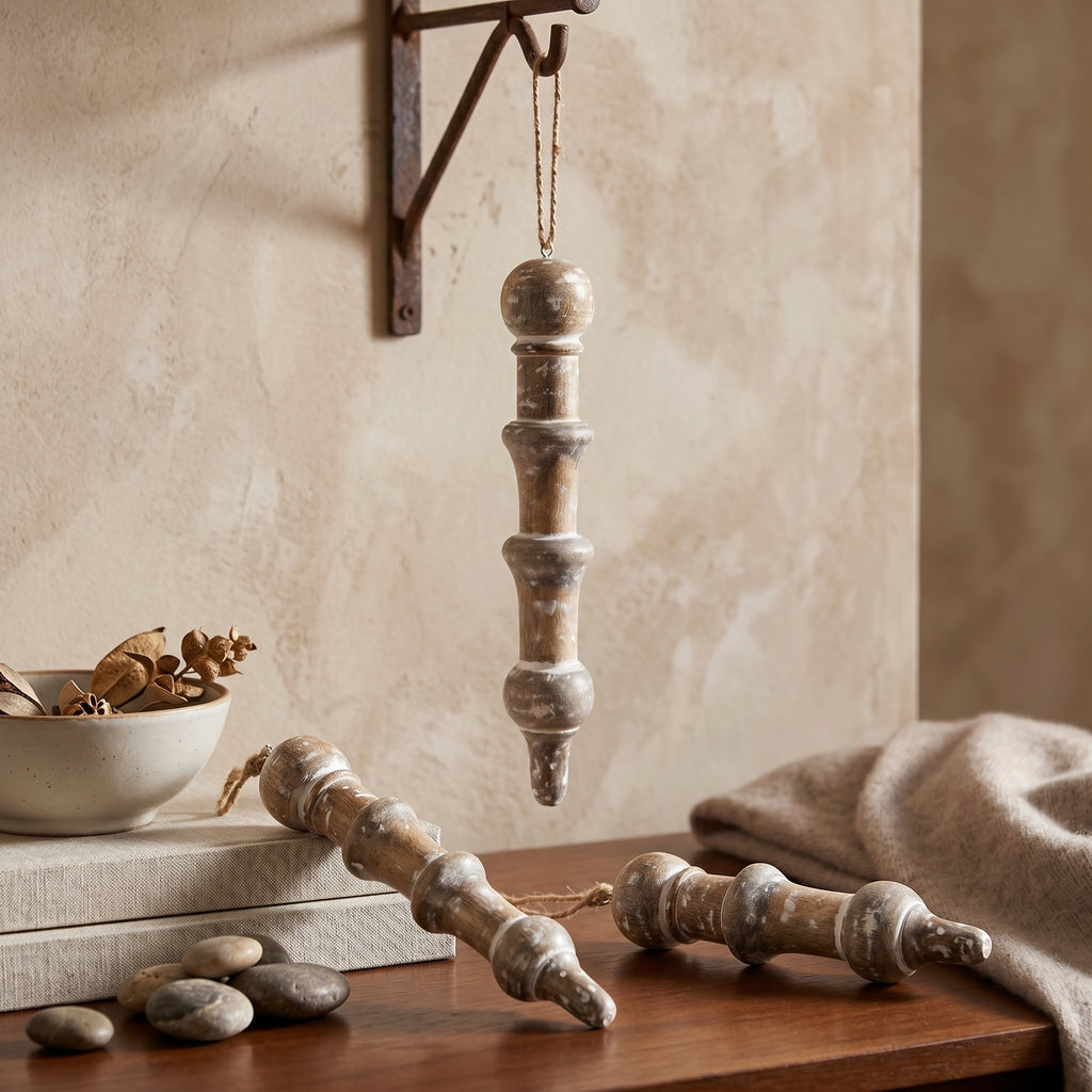 14" Mango Wood Ornament - Icicle | Natural and White