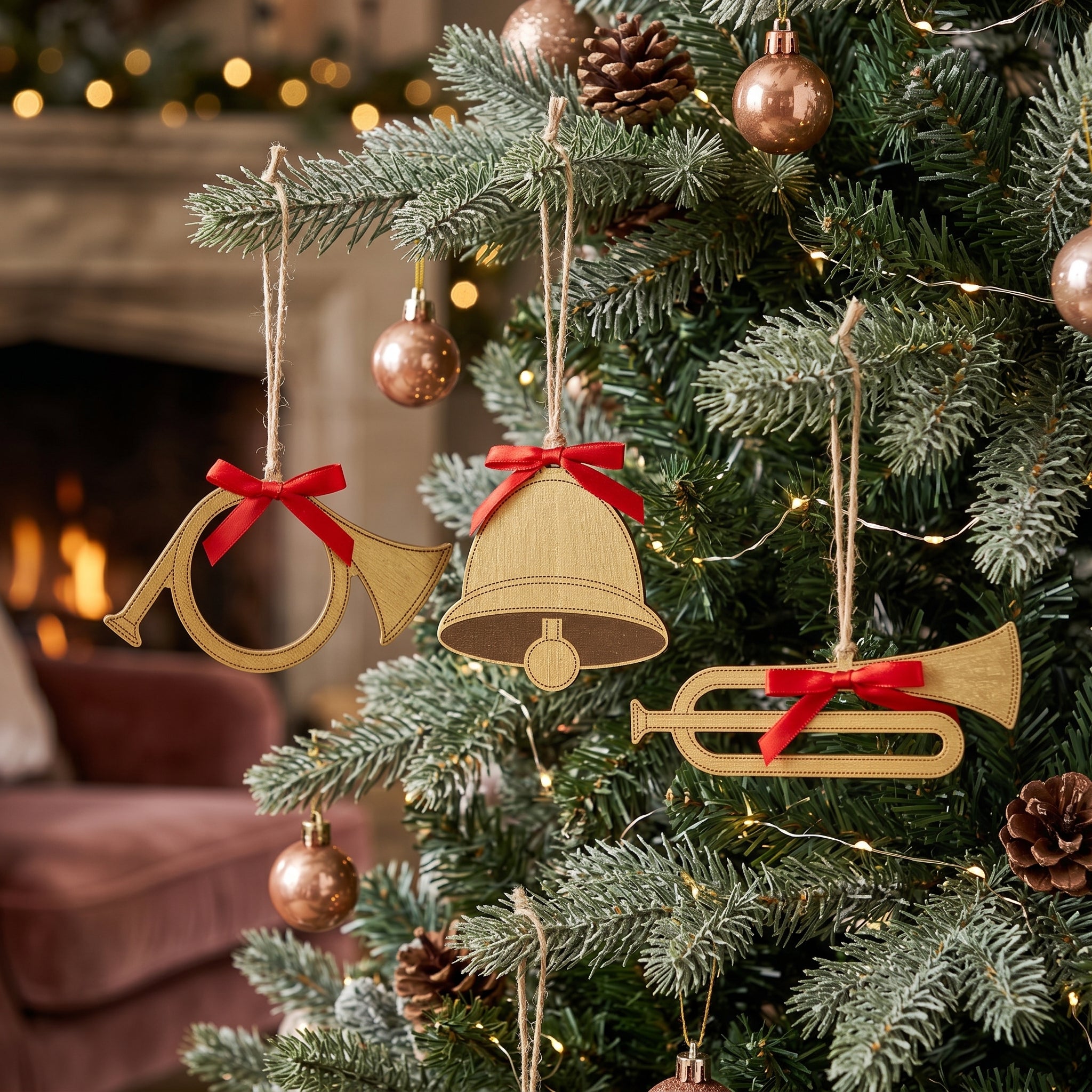 3" Wood Ornament Set - Horn and Bell | Gold and Red