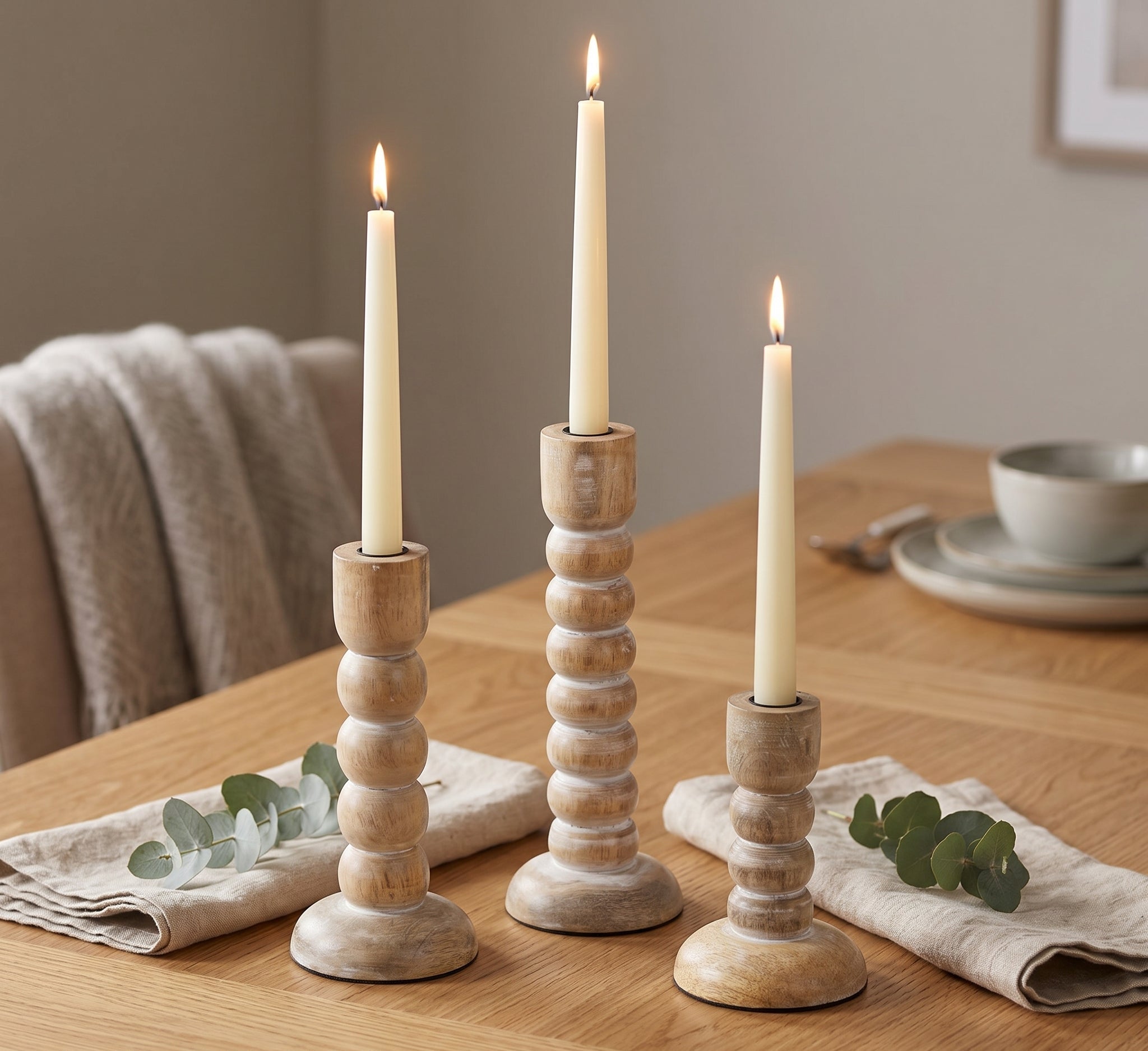 Mango Wood Candle Holder Set - Natural and White (Set of 3)