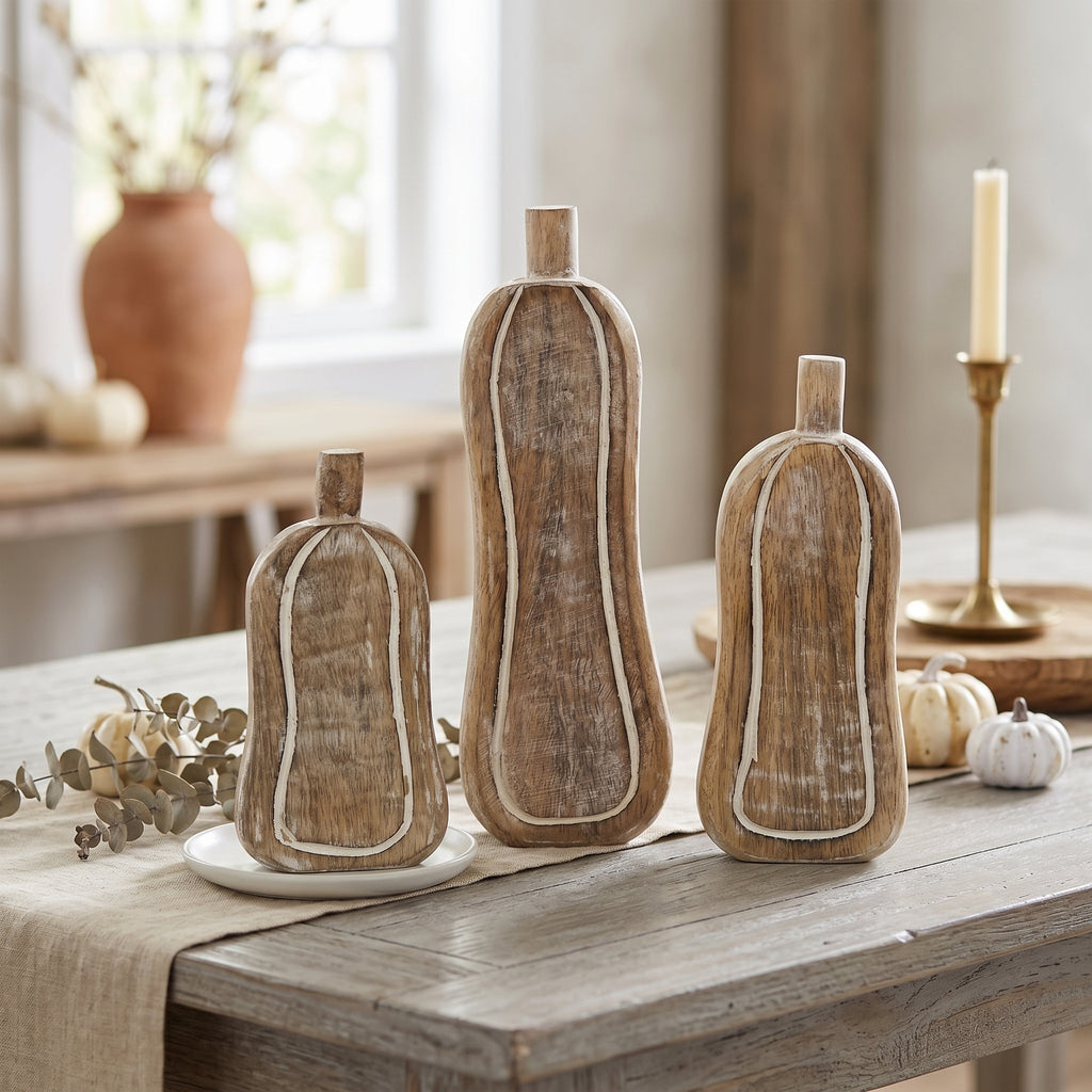 Mango Wood Pumpkin Cutout Set - Natural White (Set of 3)