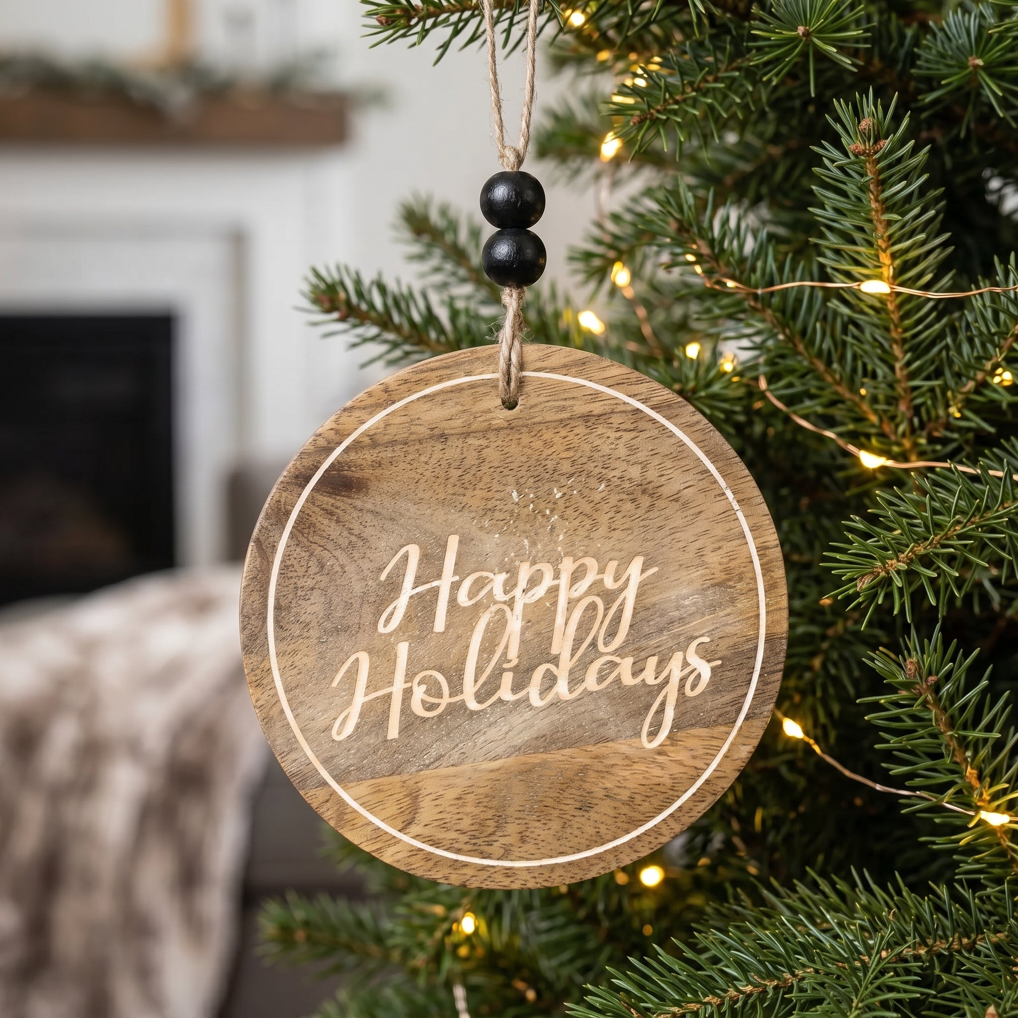 4" Mango Wood Ornament - Happy Holidays | Sundara Collection