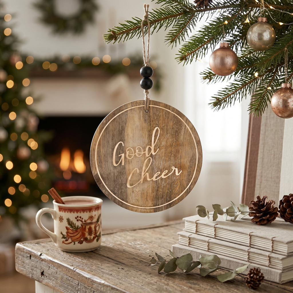 4" Mango Wood Ornament - Good Cheer | Sundara Collection