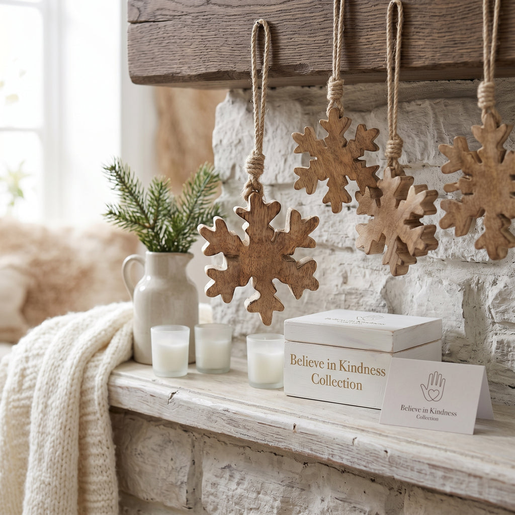 4" Mango Wood Ornament - Snowflake | Natural White