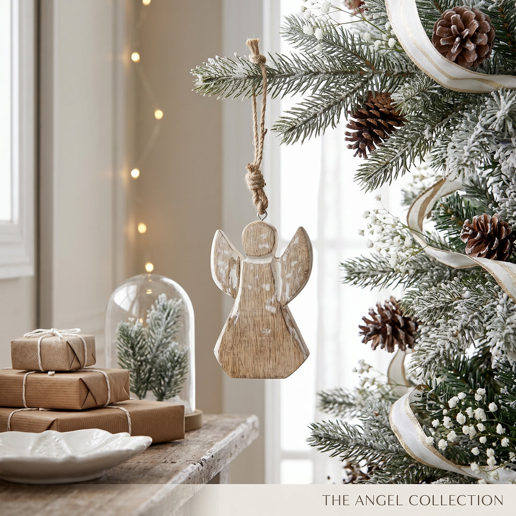 5" Mango Wood Ornament - Angel | Natural and White