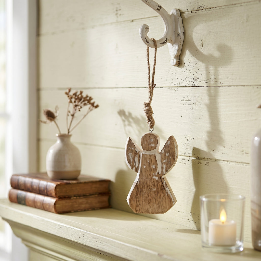 5" Mango Wood Ornament - Angel | Natural and White