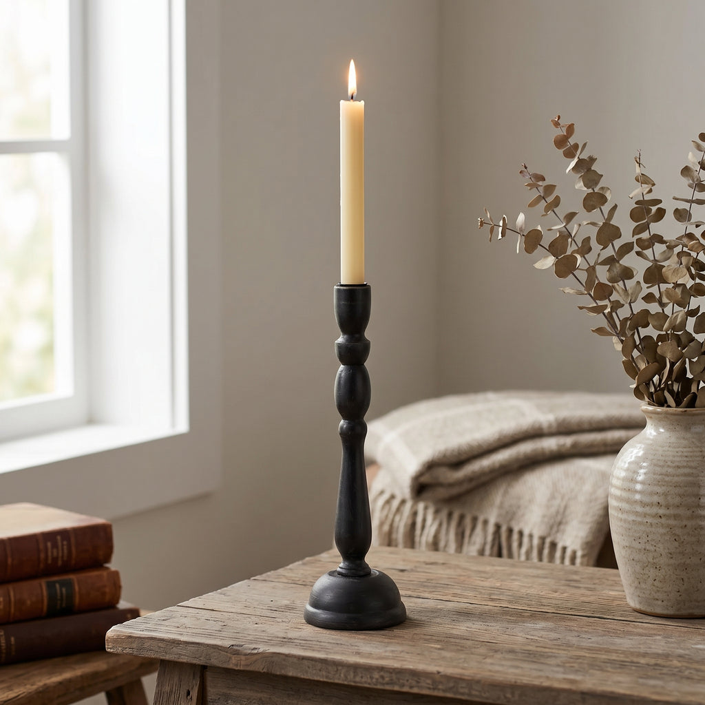 15" Wood Candle Holder - Black