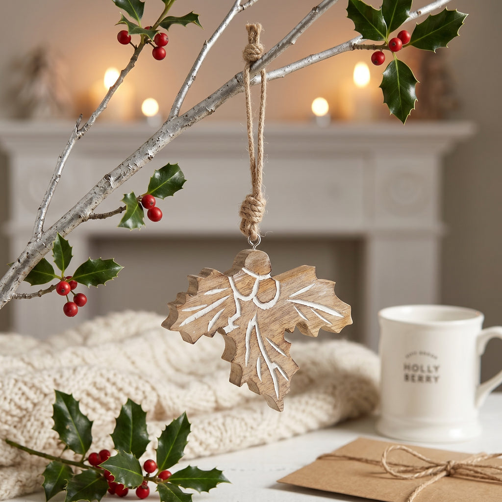 5" Mango Wood Ornament - Holly Berry | Natural and White