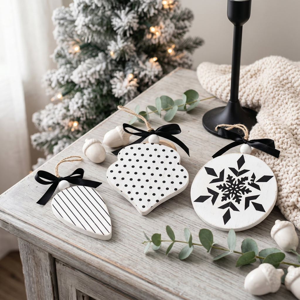 5" Wood Ornament Set - Snowflake | White and Black (Set of 3)