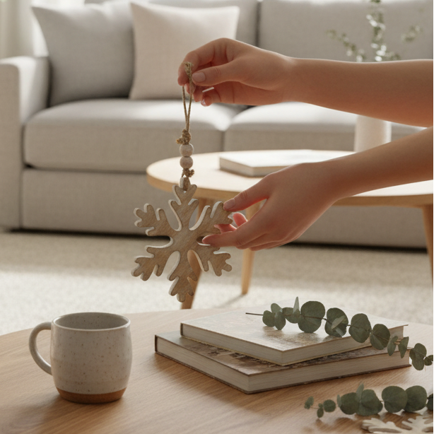 5" Mango Wood Ornament - Snowflake | Natural White