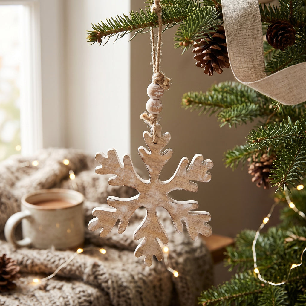 5" Mango Wood Ornament - Snowflake | Natural White