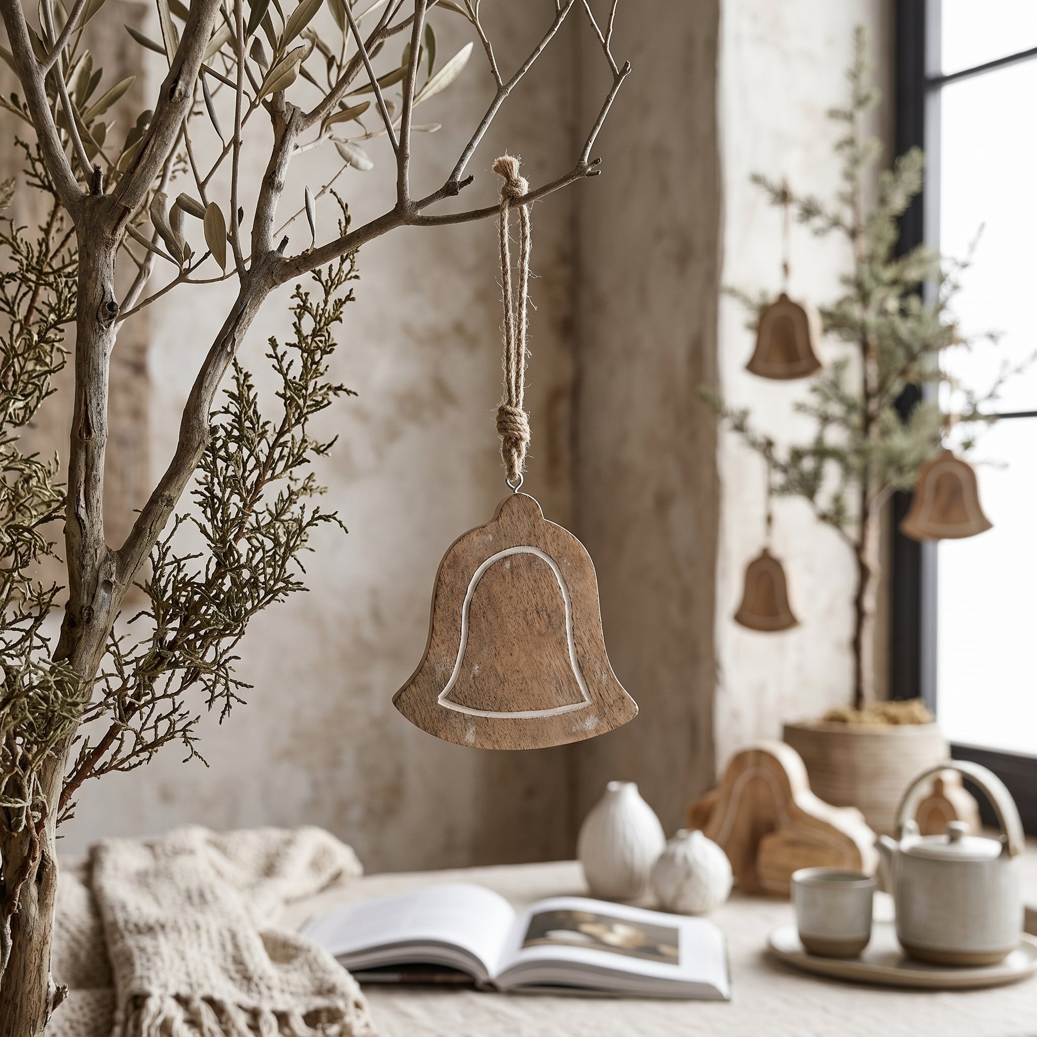 5" Mango Wood Ornament - Bell | Natural and White