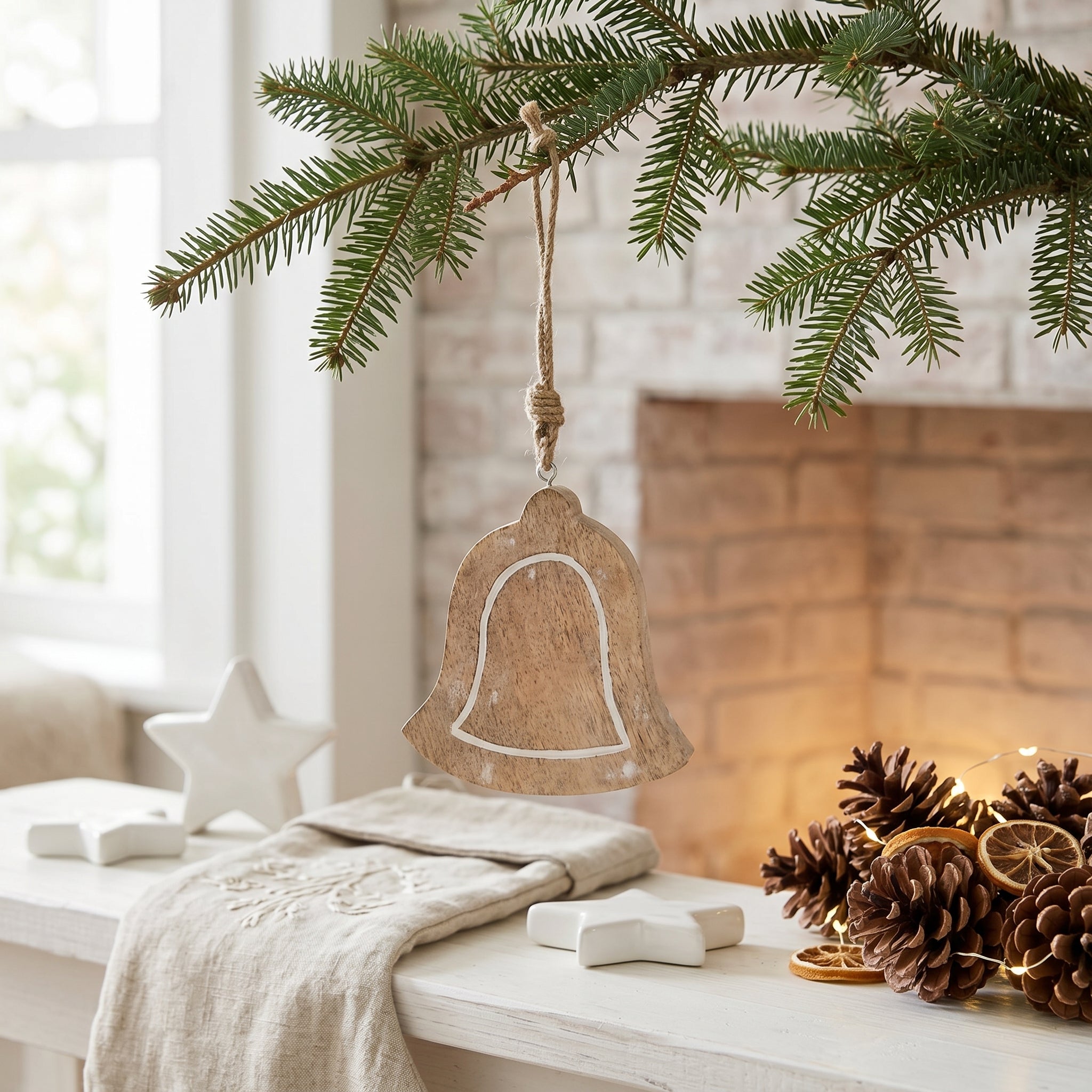 5" Mango Wood Ornament - Bell | Natural and White