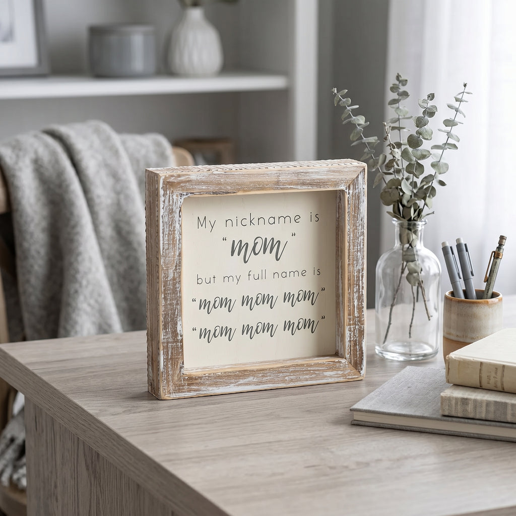 5" Wood Frame Sign - Mom Mom Mom | White and Gray