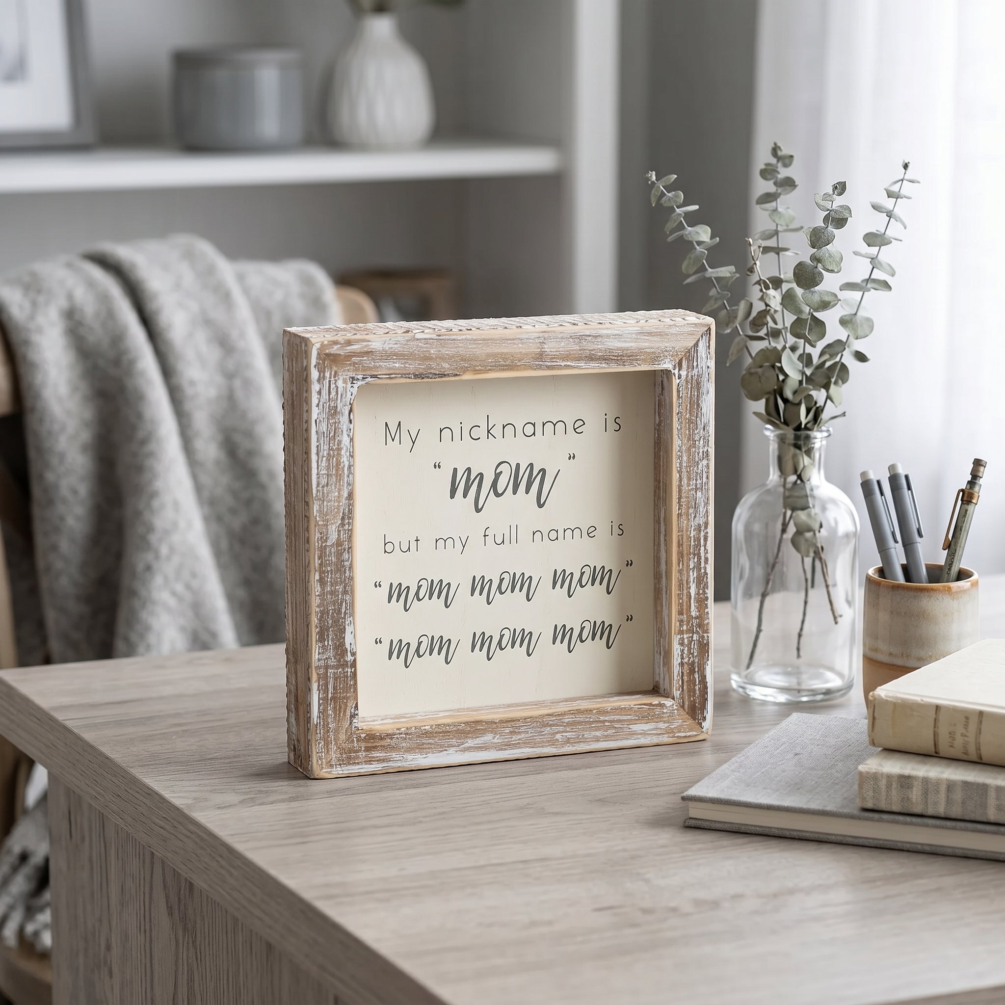 5" Wood Frame Sign - Mom Mom Mom | White and Gray