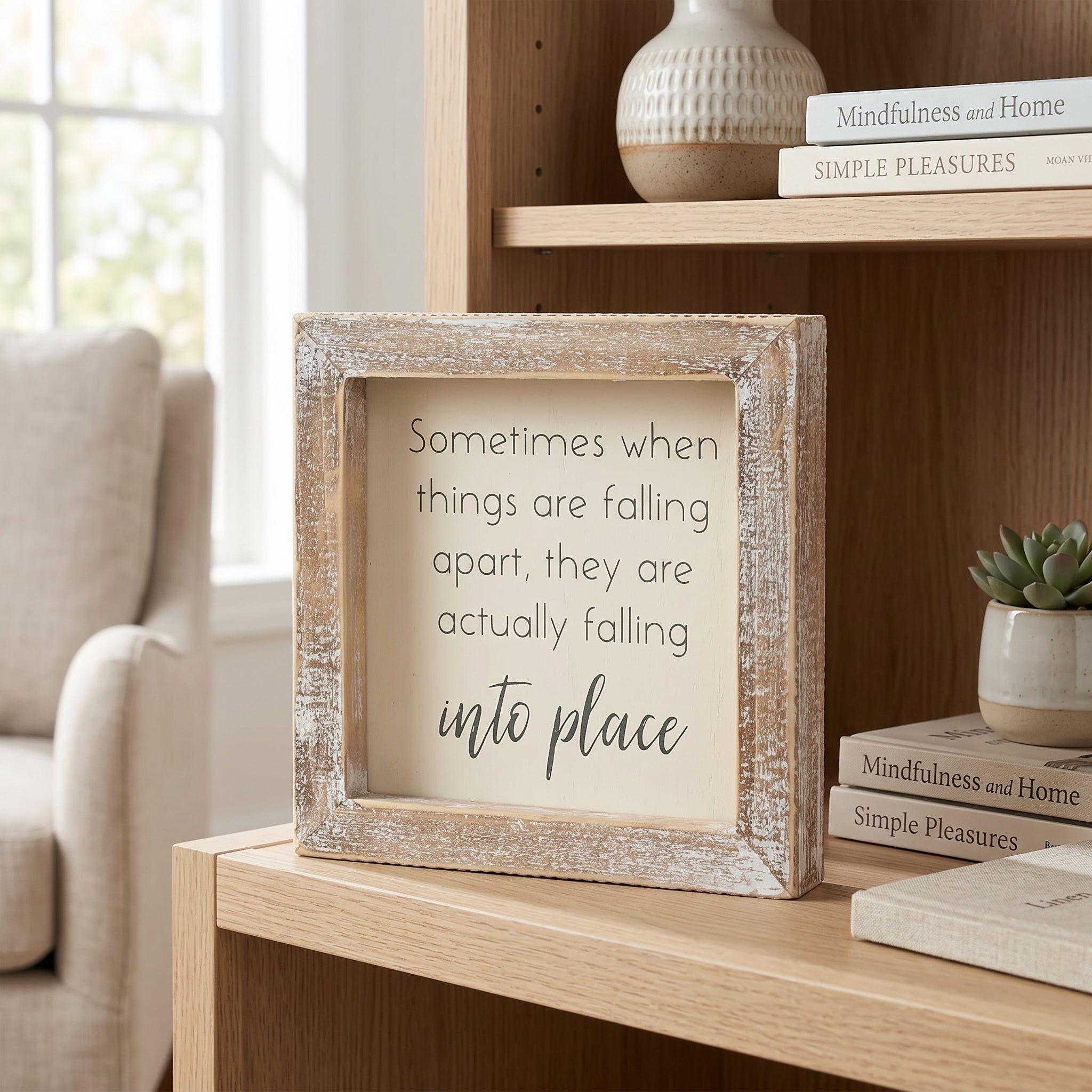 5" Wood Frame Sign - Falling Into Place | White and Gray