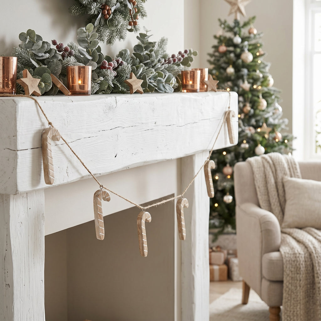 60" Mango Wood Candy Cane Garland - Natural White