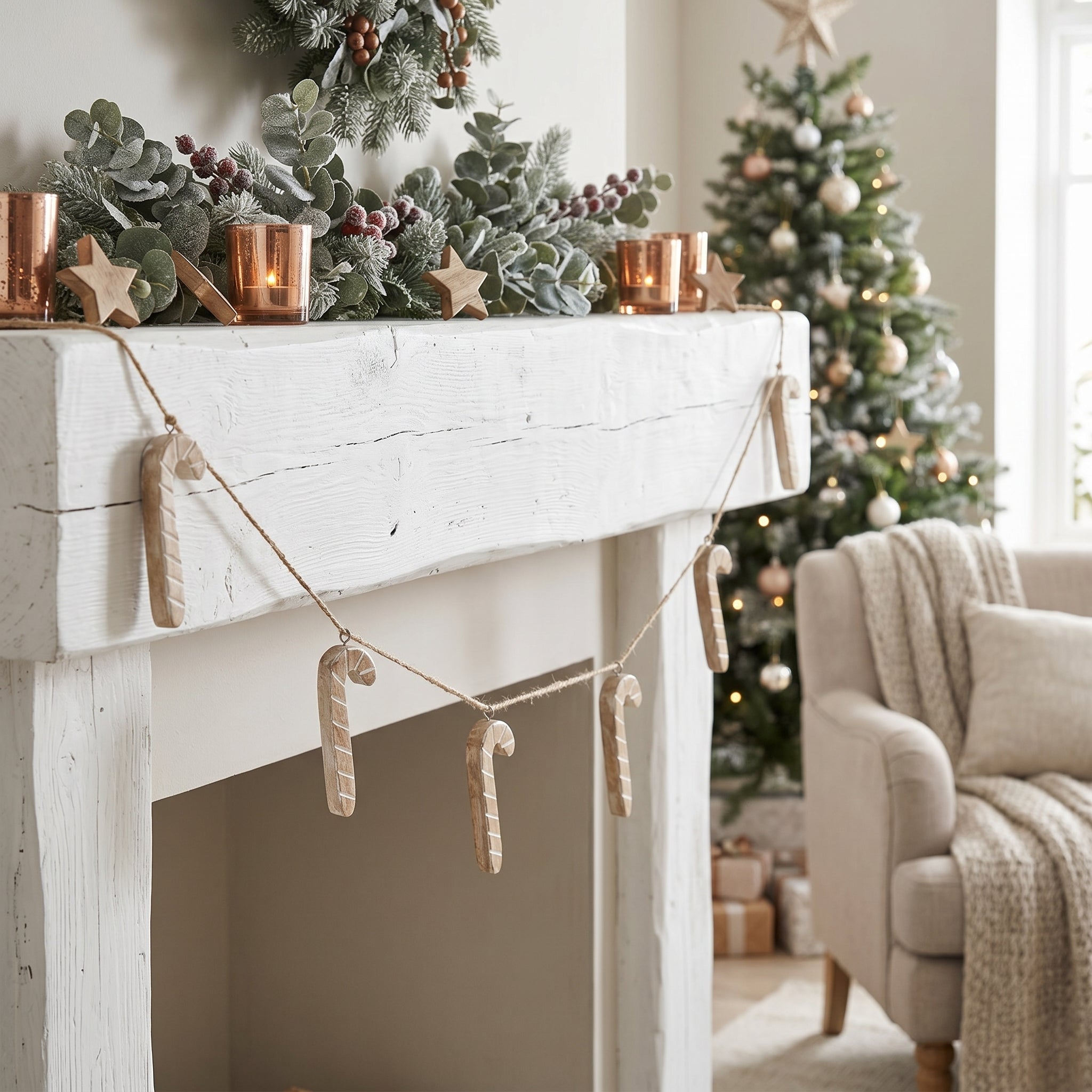 60" Mango Wood Candy Cane Garland - Natural White