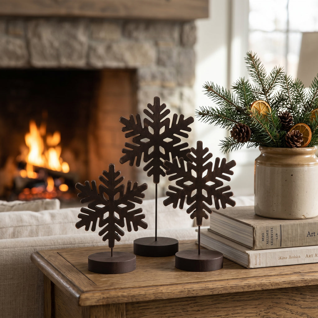 Wood Snowflake Cutout on Stand Set - Natural (Set of 3)