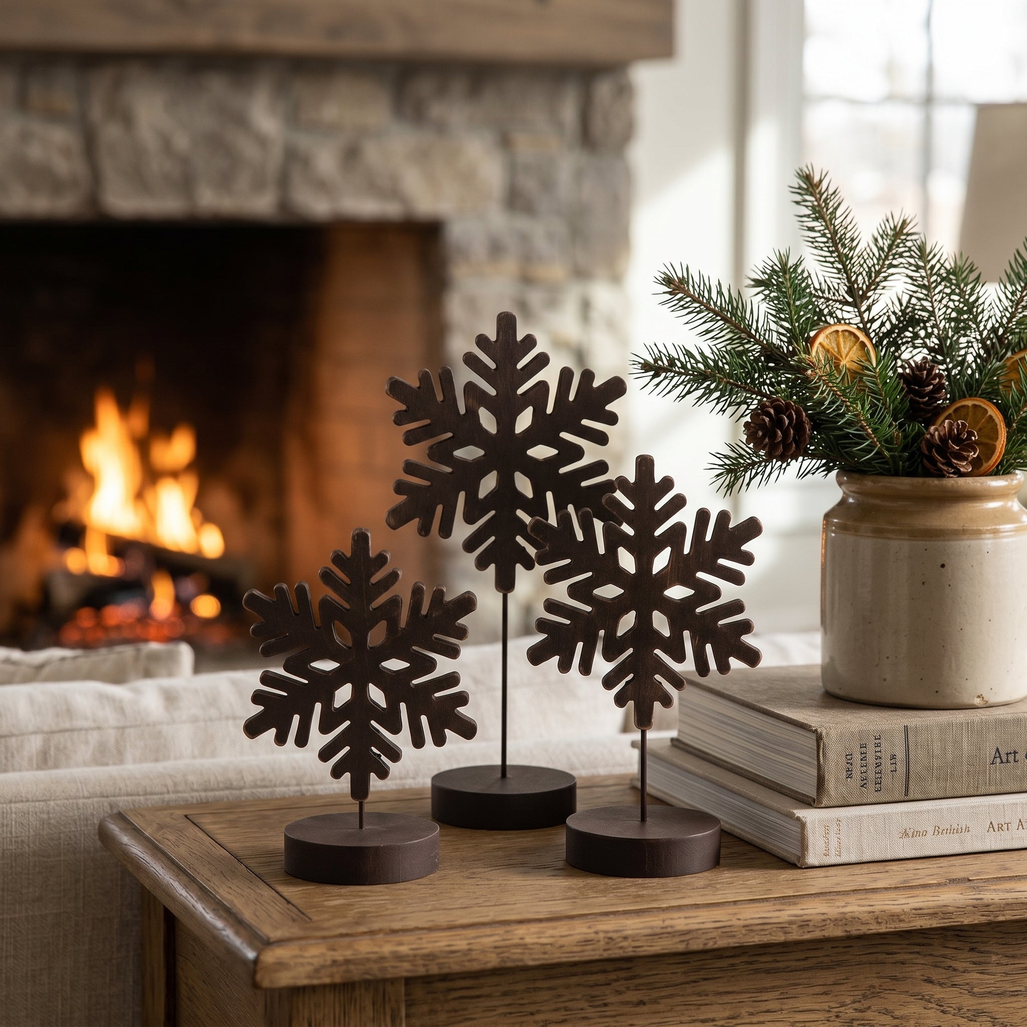 Wood Snowflake Cutout on Stand Set - Natural (Set of 3)