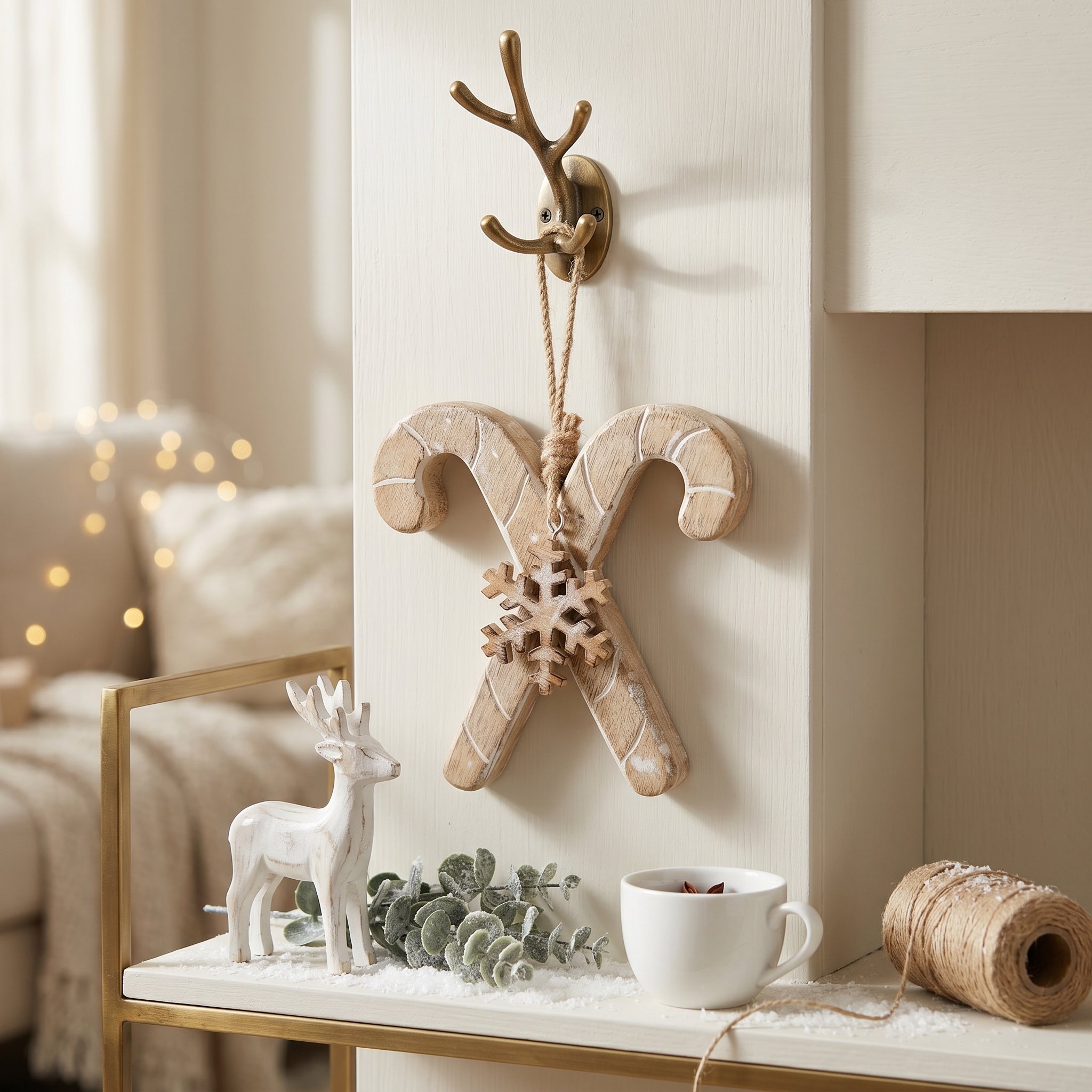 6" Mango Wood Ornament - Candy Cane | Natural White