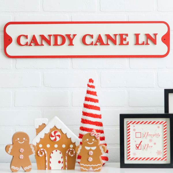 23" Wood Sign - Candy Cane Ln | Red and White