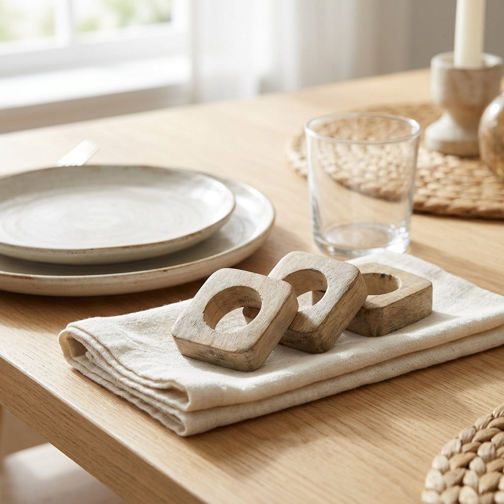 Set of four natural mango wood square napkin rings arranged on a table.