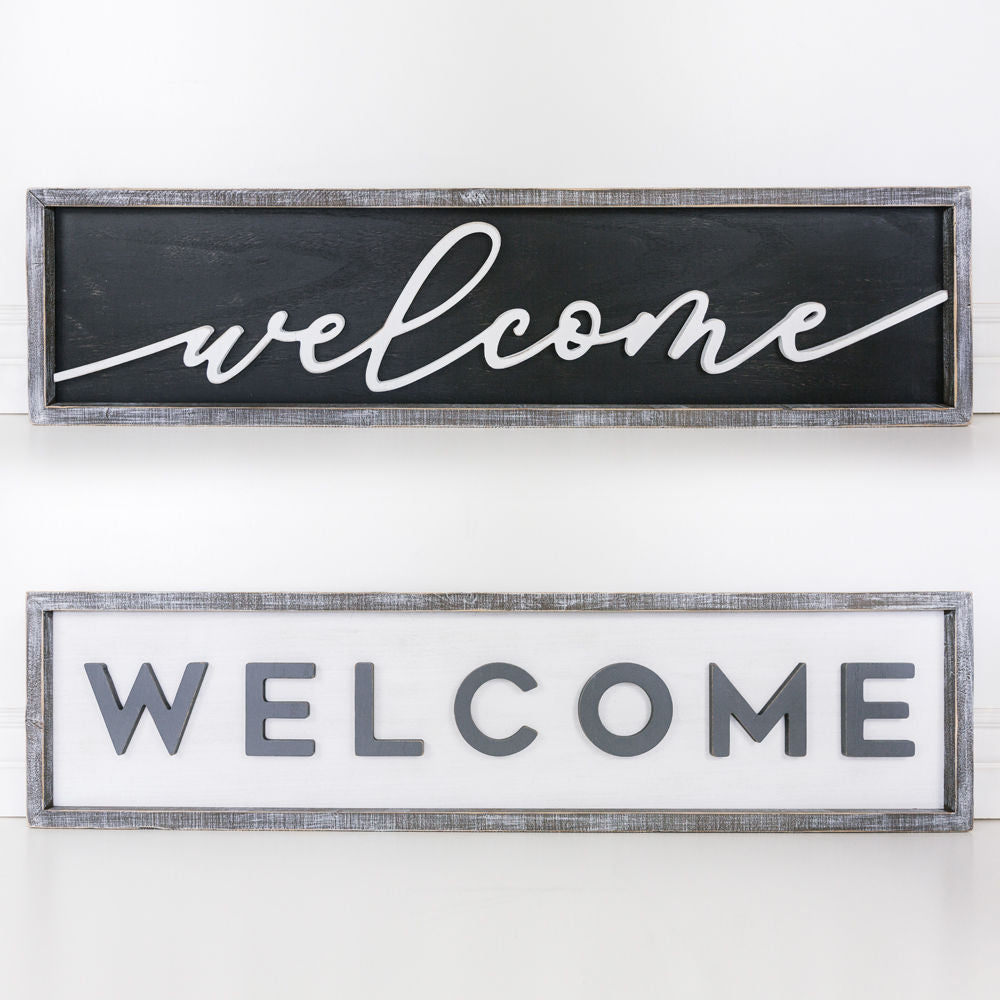 37" x 9" Reversible Wood Framed Sign - Welcome | White, Black and Gray